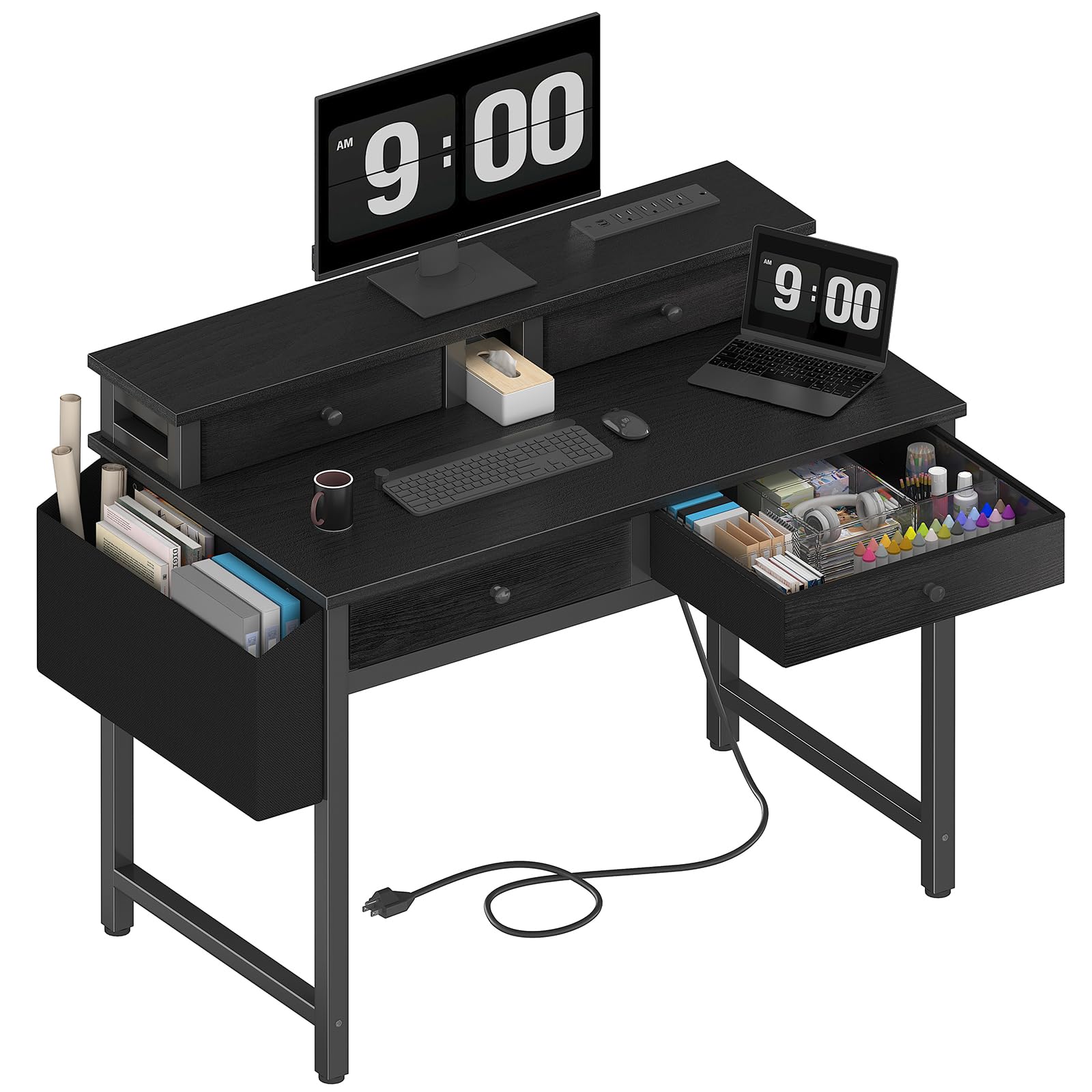 Small Desk with Drawers, Power Outlet & Monitor Stand, 31 Inch
