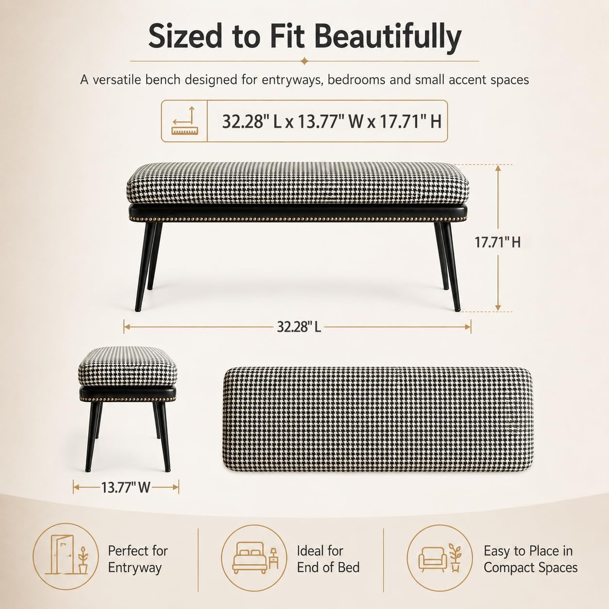 Forteek 32" Retro Upholstered Entryway Bench, Leather & Fabric Shoe Bench with Removable Cushion, End of Bed Bench for Bedroom, Small Dining Bench for Living Room, Storage Bench for Hallway & Foyer