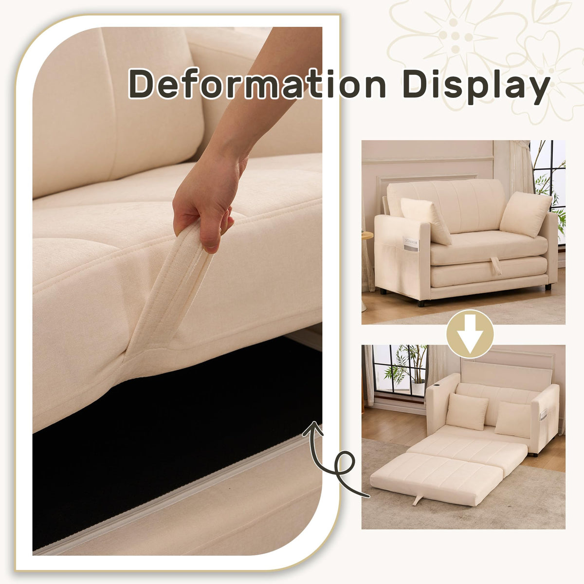 GIFTFIT 52" Convertible Loveseat Sofa Bed, 2 in 1 Sleeper Couch, Side Pockets, Space-Saving, Folding Sofa Bed with USB Port for Small Spaces, Living Room, Apartment （Beige）