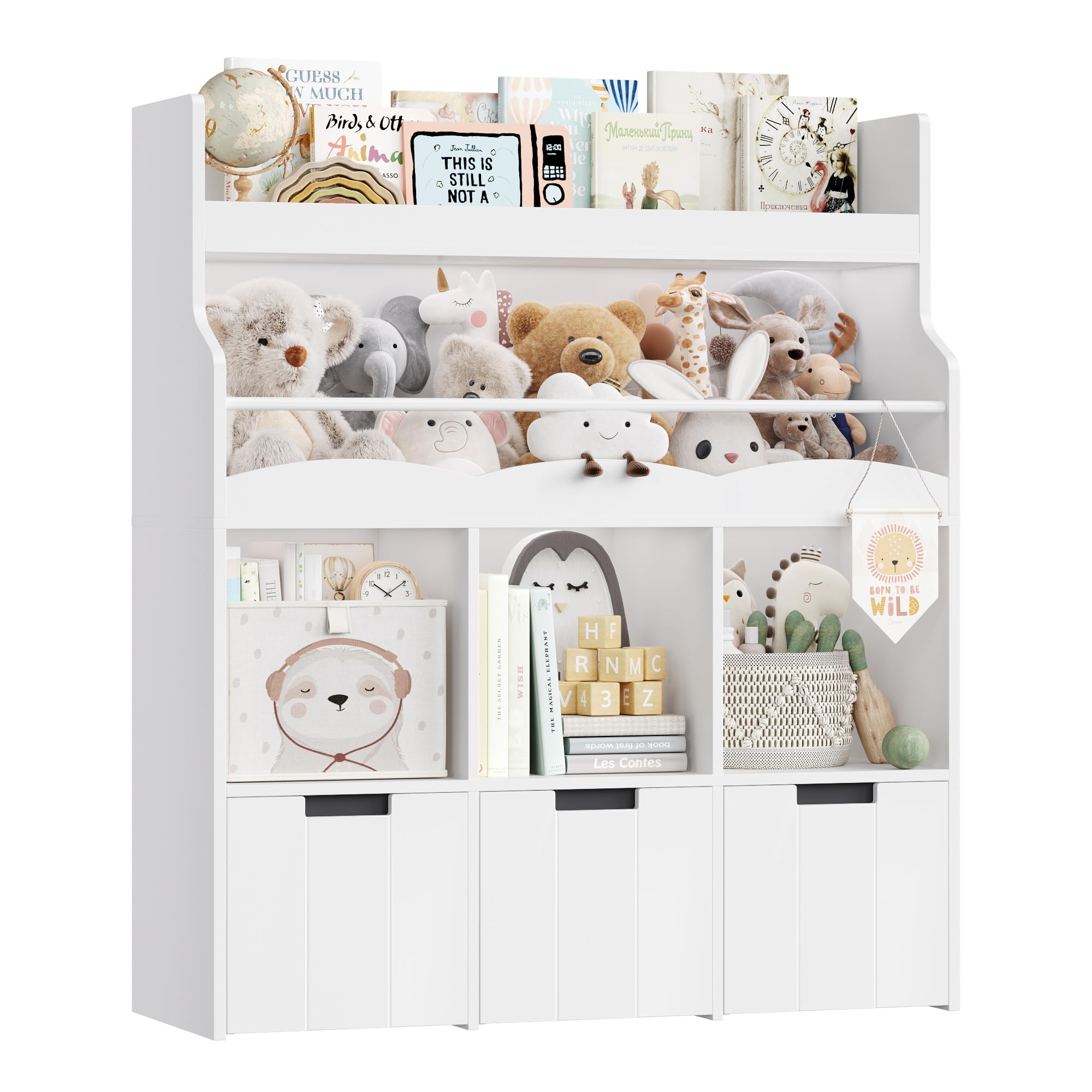 HITHOS Kids Toy Storage Organizer with Bookshelf, Multifunctional Book Shelf with 3 Movable Toy Organizers for Kids Room, Kids Bookcase and Toy Box, Toy Storage Chest for Playroom, White