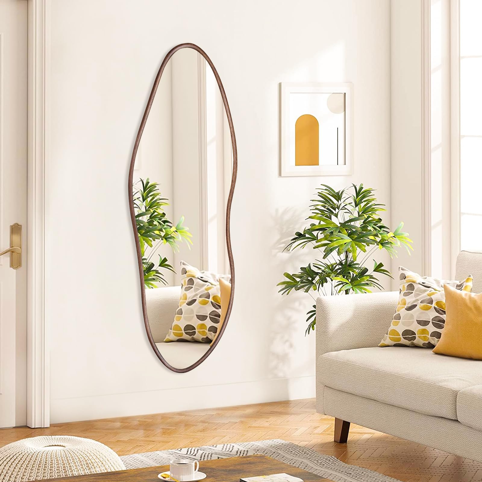 Cloud-Shaped Full Length Floor Mirror with Oak Frame