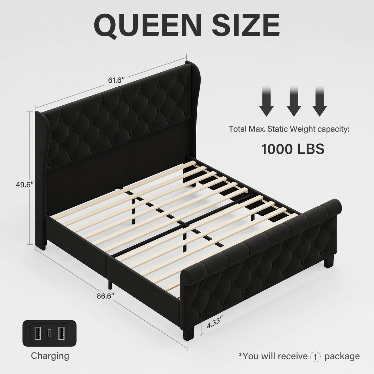 Uteeran Queen Size Bed Frame with Headboard, Upholstered Bed Frame, Balck