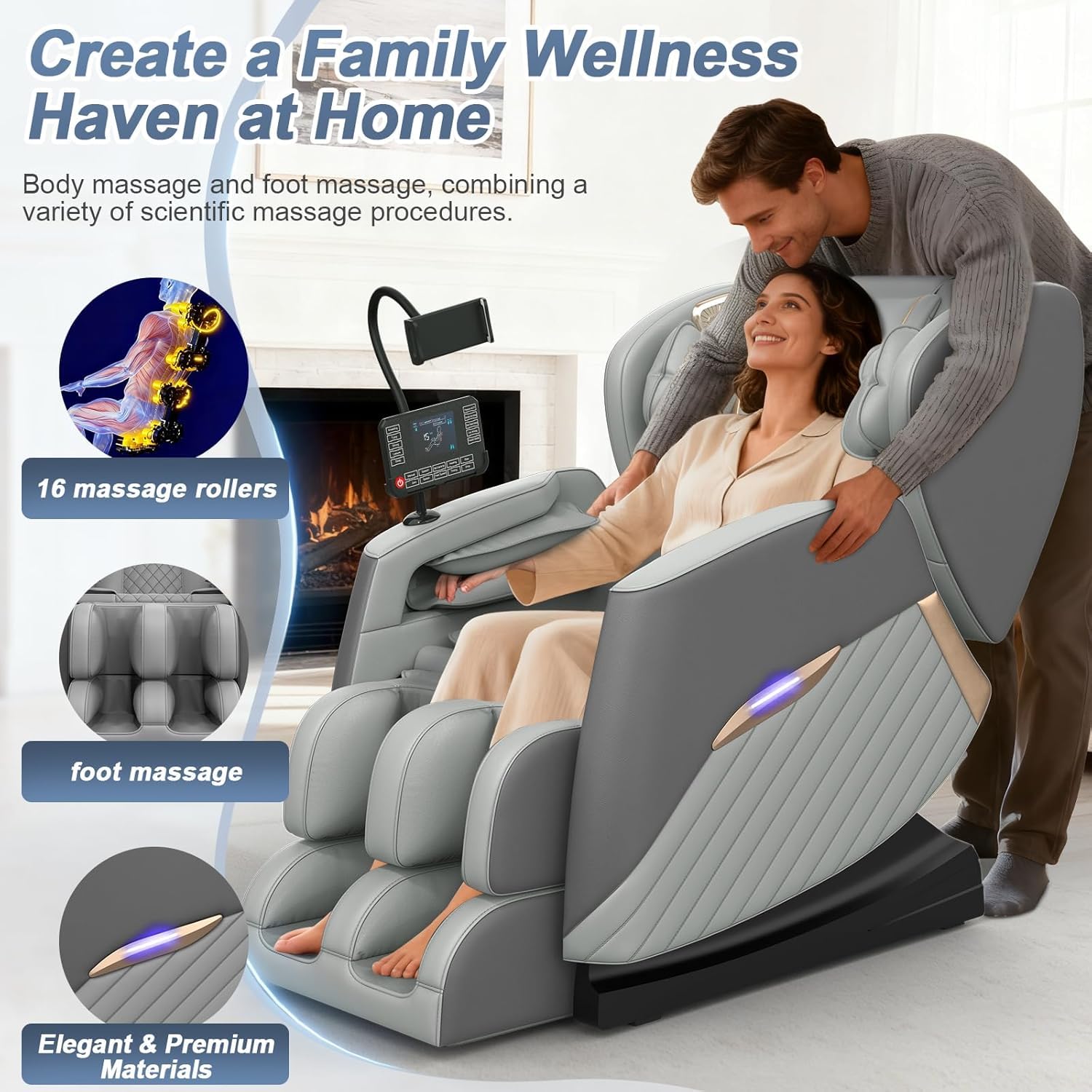 Massage Chair Full Body, Zero Gravity Massage Chair with 16 Fix Rollers, Auto Massage Program, Foot Massage, Recliner Chair with Heating, Touch Screen Controller, Bluetooth Speaker(Light gray)