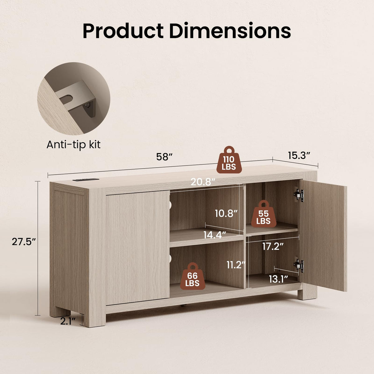 ModernMate 58'' TV Stand for TVs Up to 65'', Entertainment Center with Outlet, 2 Storage Cabinet, Wood Television Media Console Cabinet with Adjustable Shelf for Living Room, Bedroom, White Oak Gray