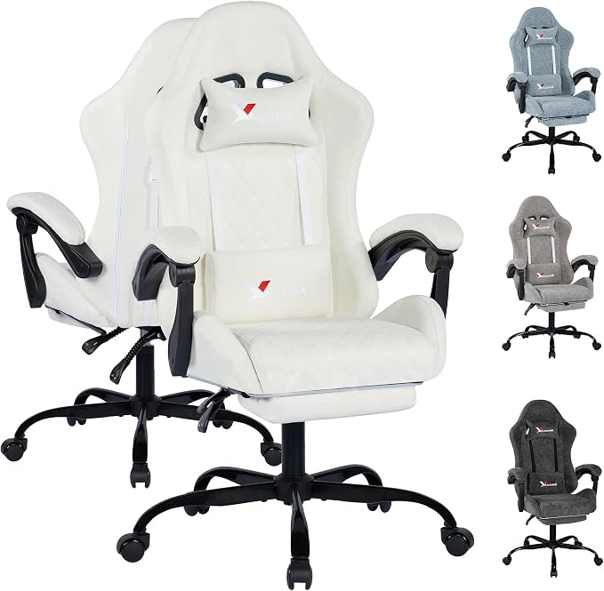 Grey Fabric Gaming Chair with Footrest