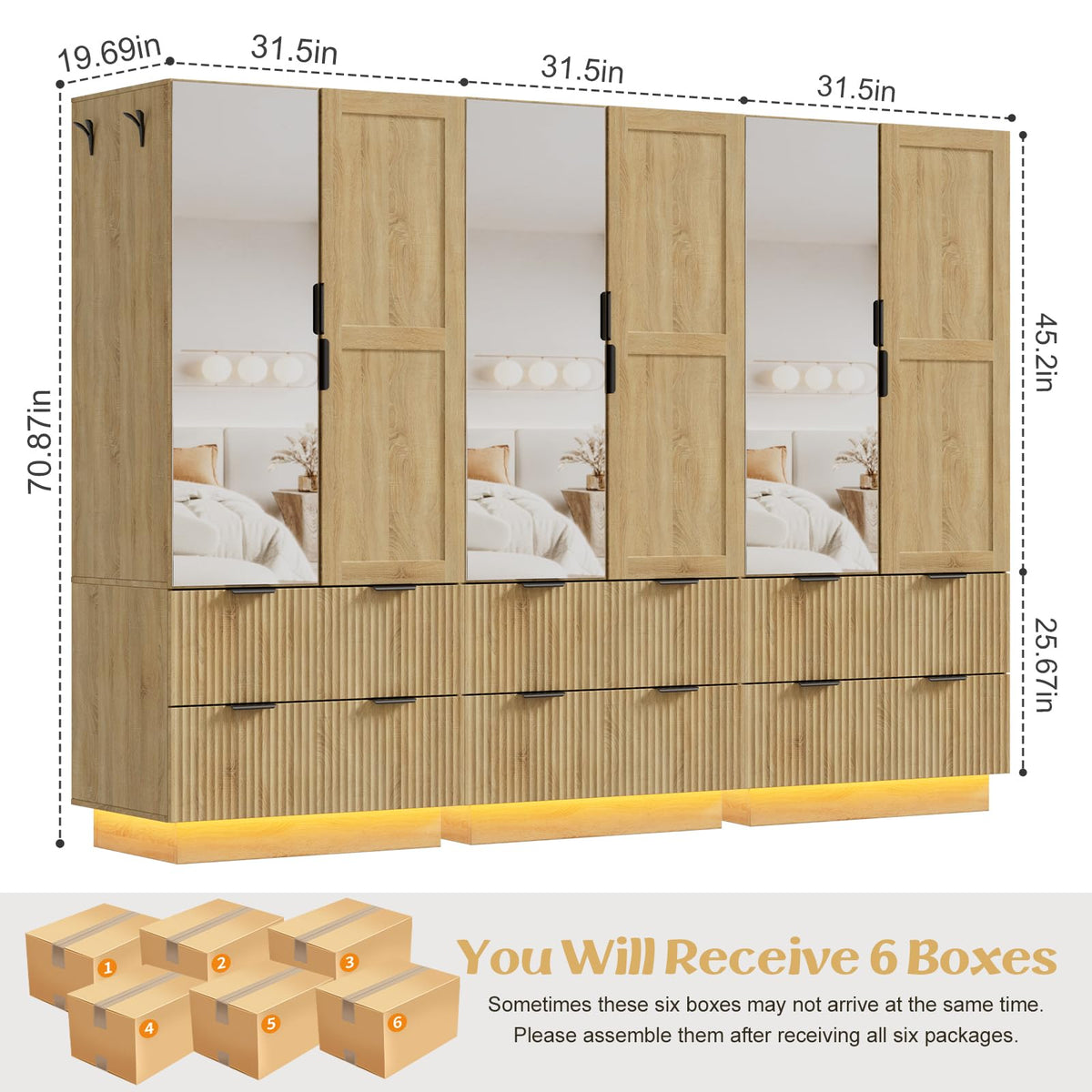 6-Door Mirrored Wardrobe with Drawers