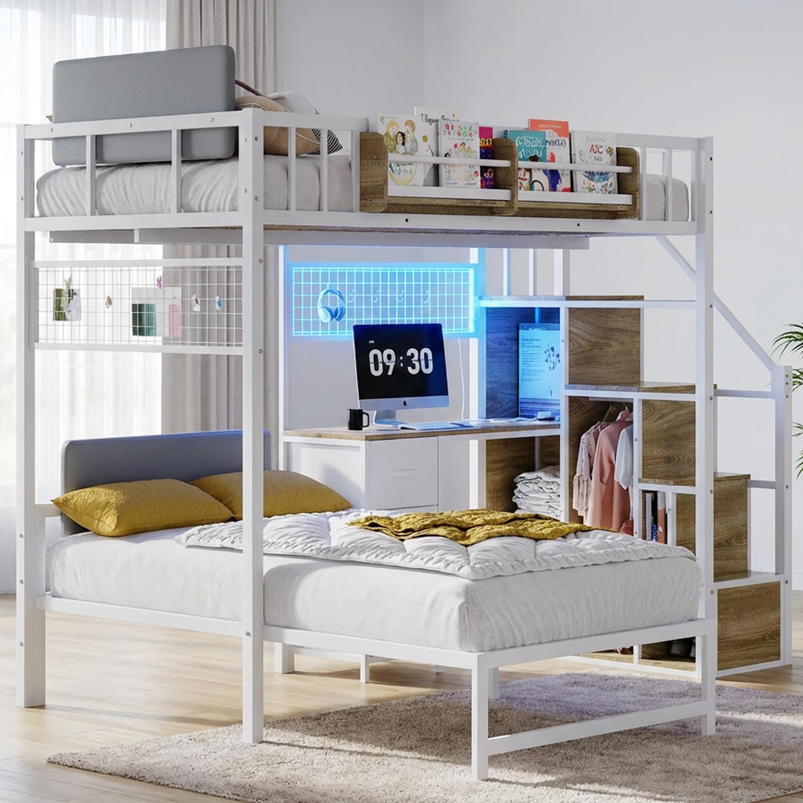 L-Shaped Loft Bunk Bed with Desk & Storage