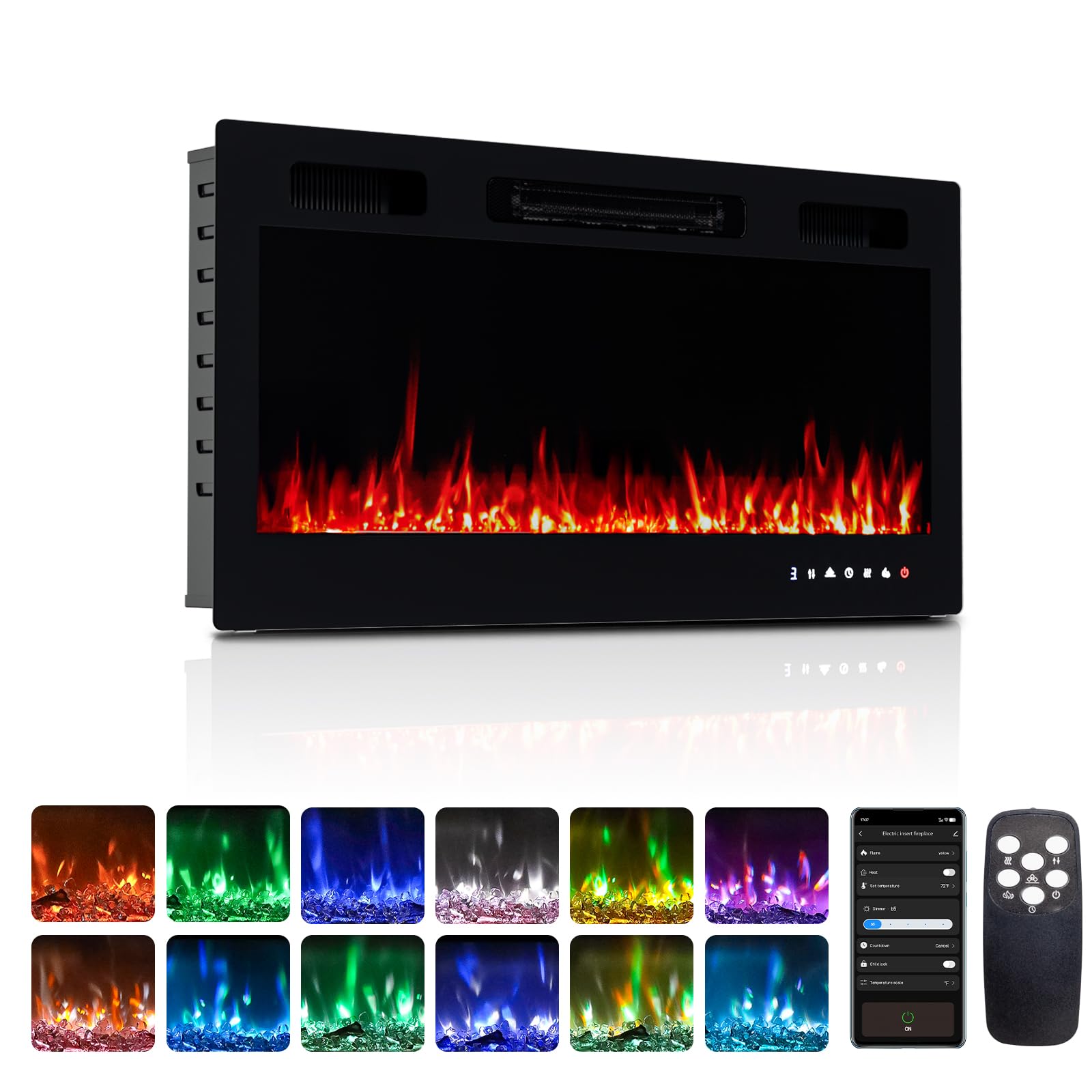 ROVSUN 36'' Electric Fireplace, 2-in-1 Ultra-Thin Wall Mounted & Recessed Fireplace with Remote & APP Control, 1500W Wall Heater w/ 12 Flame Color, 5 Brightness, Timer, Crystal Set