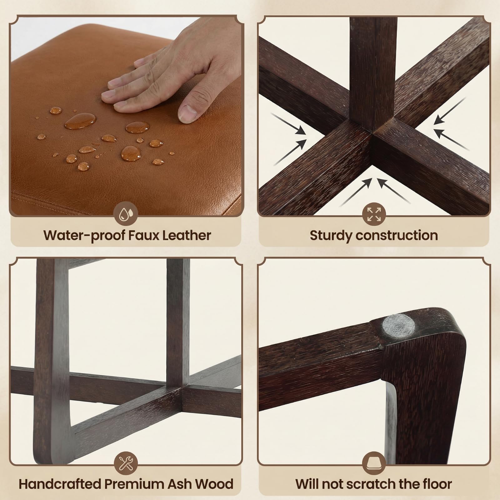 Divanus Faux Leather Square Coffee Table Ottoman,24" Coffee Table for Living Room Ottoman,Ash Wood Living Room Table,Small Footstool (Brown)