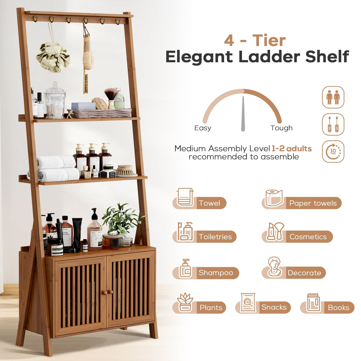 Bookcase with Drawers, Ladder Shelf 4-Tier Bamboo Bookshelf with 6 Hooks