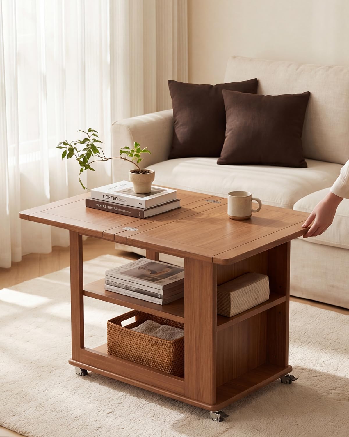 YQJJGL Expandable Coffee Table with Hidden Storage and Wheels, Convertible Wood Center Table with 2-Tier Adjustable Shelves, Rolling Coffee Table for Living Room, Small Spaces, Walnut
