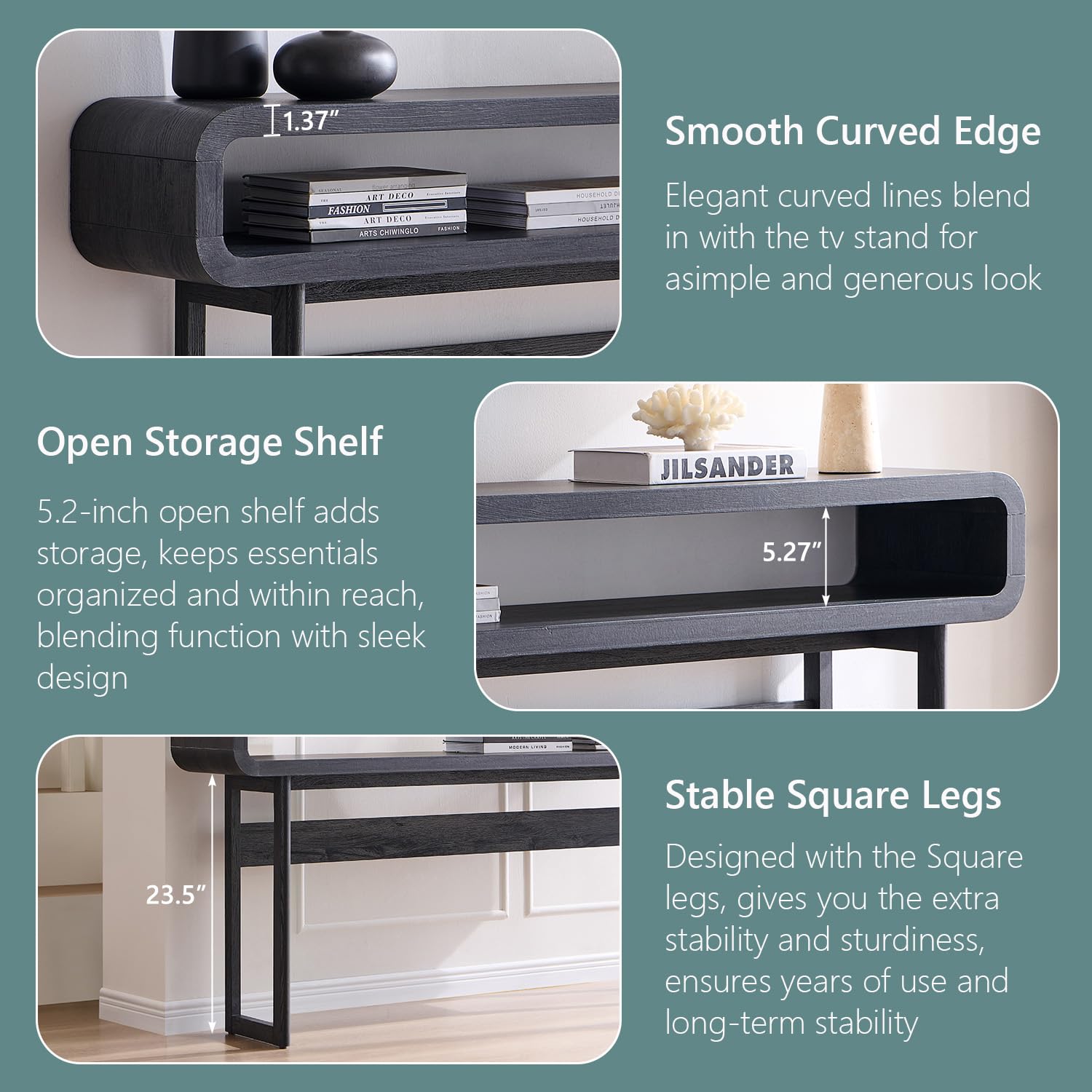 IFGET 63-Inch Long Console Table, 31.5" Tall Modern Entryway Table with Open Storage Shelf, Curved Profile Design, Narrow Wood Sofa Table Behind Couch Table for Living Room, Hallway, Foyer, Dark Grey