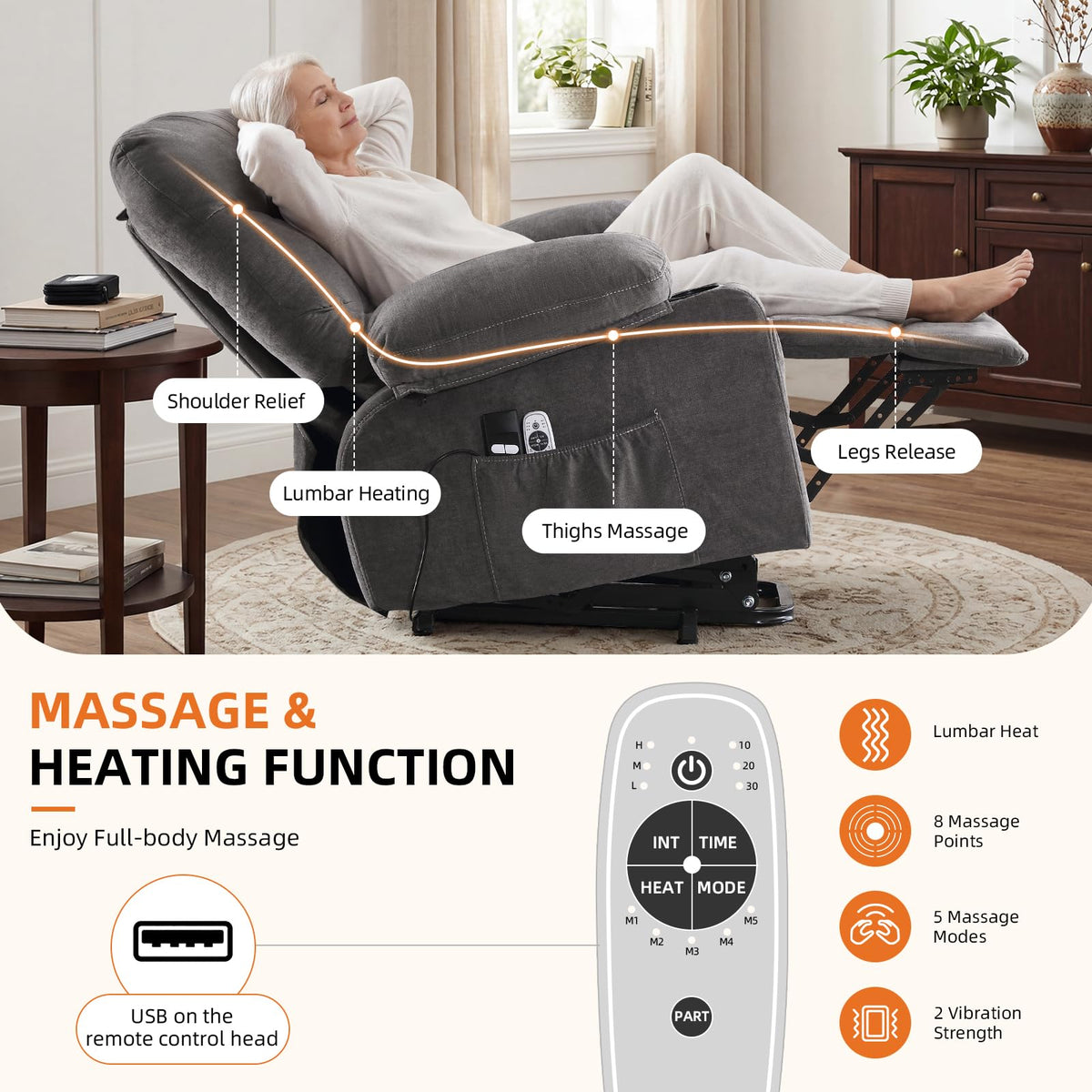 KWKSV Power Lift Recliner Chair for Elderly,8-Point Vibration Massage & Heat,Electric Lift Chair with Two Cup Holders,4 Side Pockets,Extended Footrest for Living Room