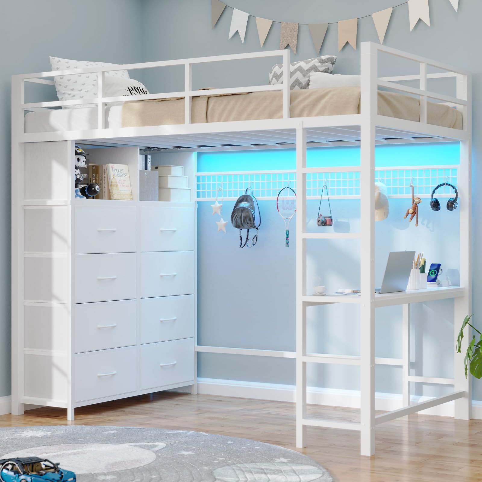 Twin Loft Bed with Desk, 8 Storage Drawers & LED Lights