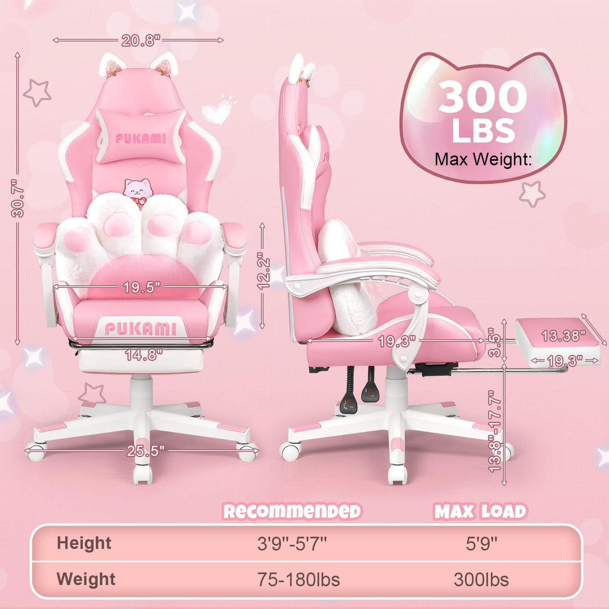 VENDORZ Pink Gaming Chair with Cat Ears & Cat Paw Lumbar Support