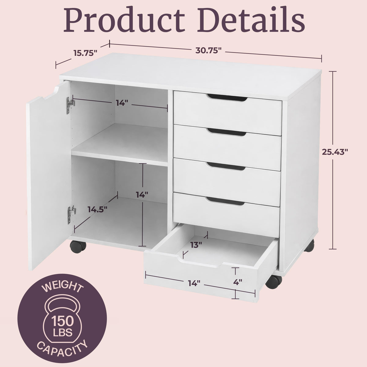 White 5-Drawer Rolling Storage Cabinet