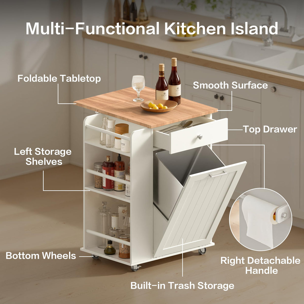 spanspace Kitchen Island with Trash Can Storage & Drop Leaf, Portable Kitchen Island on Wheels, Rolling Island Table for Kithchen