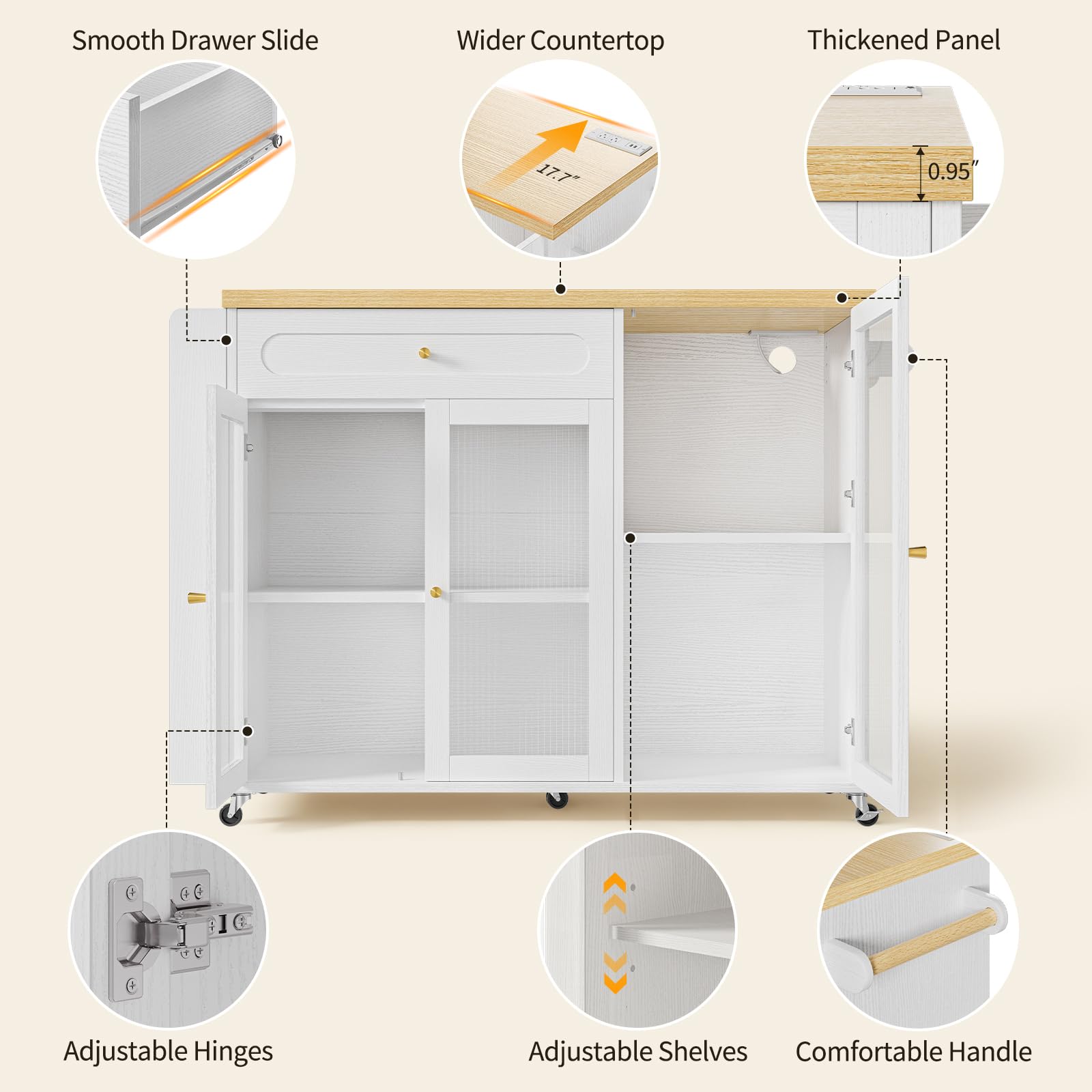 Curlaky Kitchen Island with Power Outlet - Kitchen Cart on Wheels with Storage Cabinets & Drawers, Rolling Island Table with Spice & Towel Rack, Portable Islands with Large Wood Counter, Dinning Room