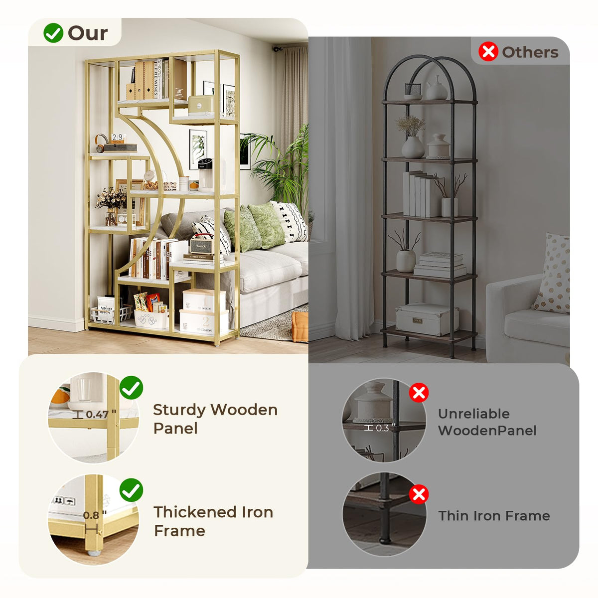 LGHM 79" W Luxury Marble-Patterned White Gold Bookshelf, Set of 2