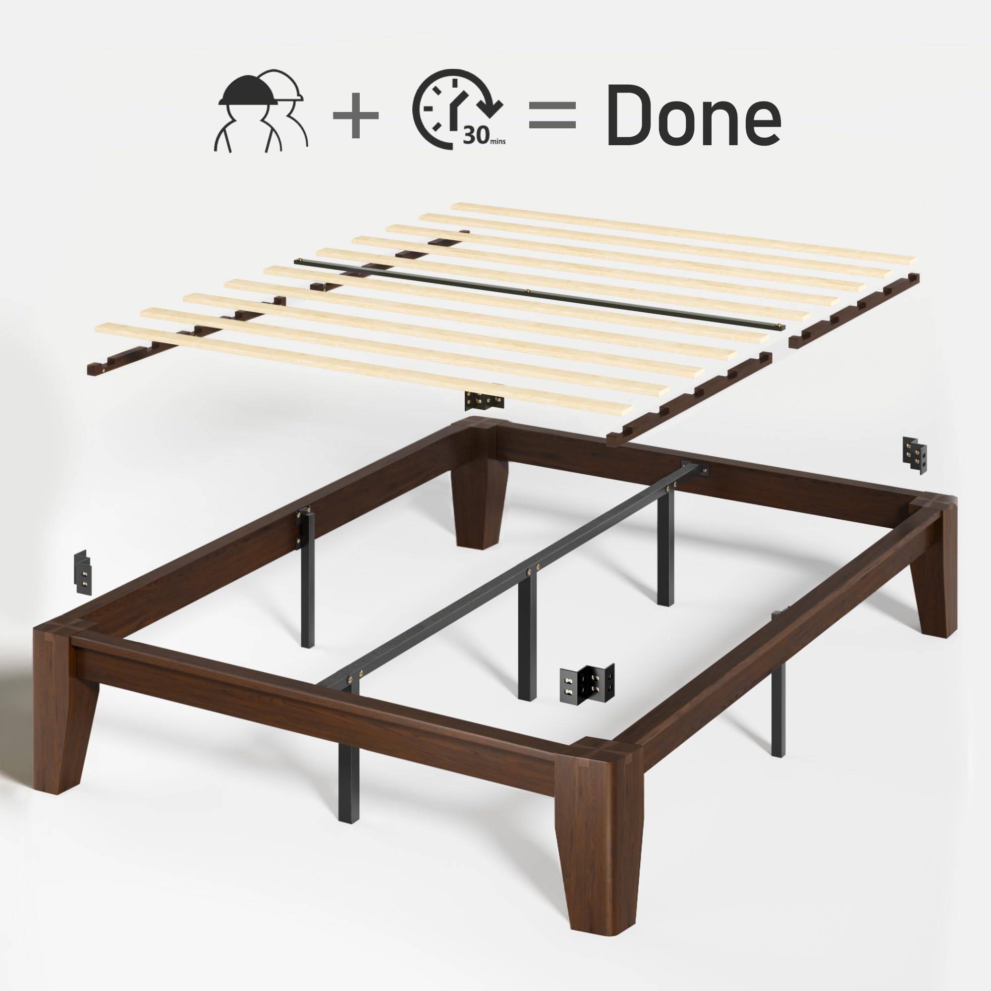 Lifezone Wood Queen Platform Bed Frame, Premium Solid Wood, Sturdy Structure, 3.78” Thickened & 14” Height Legs, Easily Assemble, Mortise & Tenon Joints Patterns, Walnut