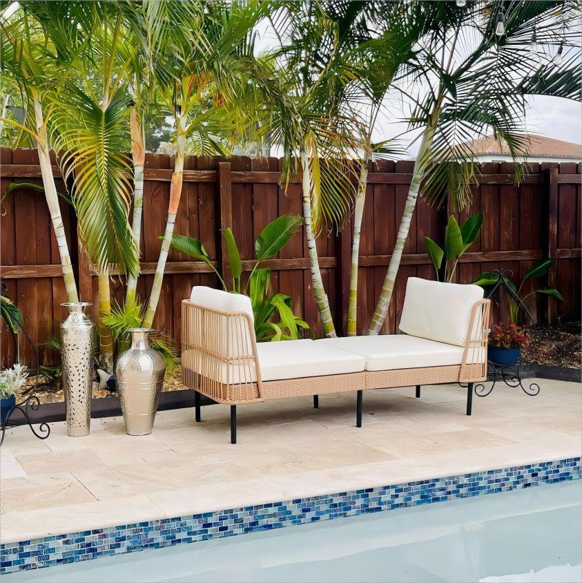 YITAHOME Wicker Outdoor Chaise Lounge, Oversized Patio Love Sofa, 74 Length Outdoor Indoor Upholstered Sofa Recliner Daybed with Thickness Cushion Indoor Lounger for Balcony Garden Pool - Beige