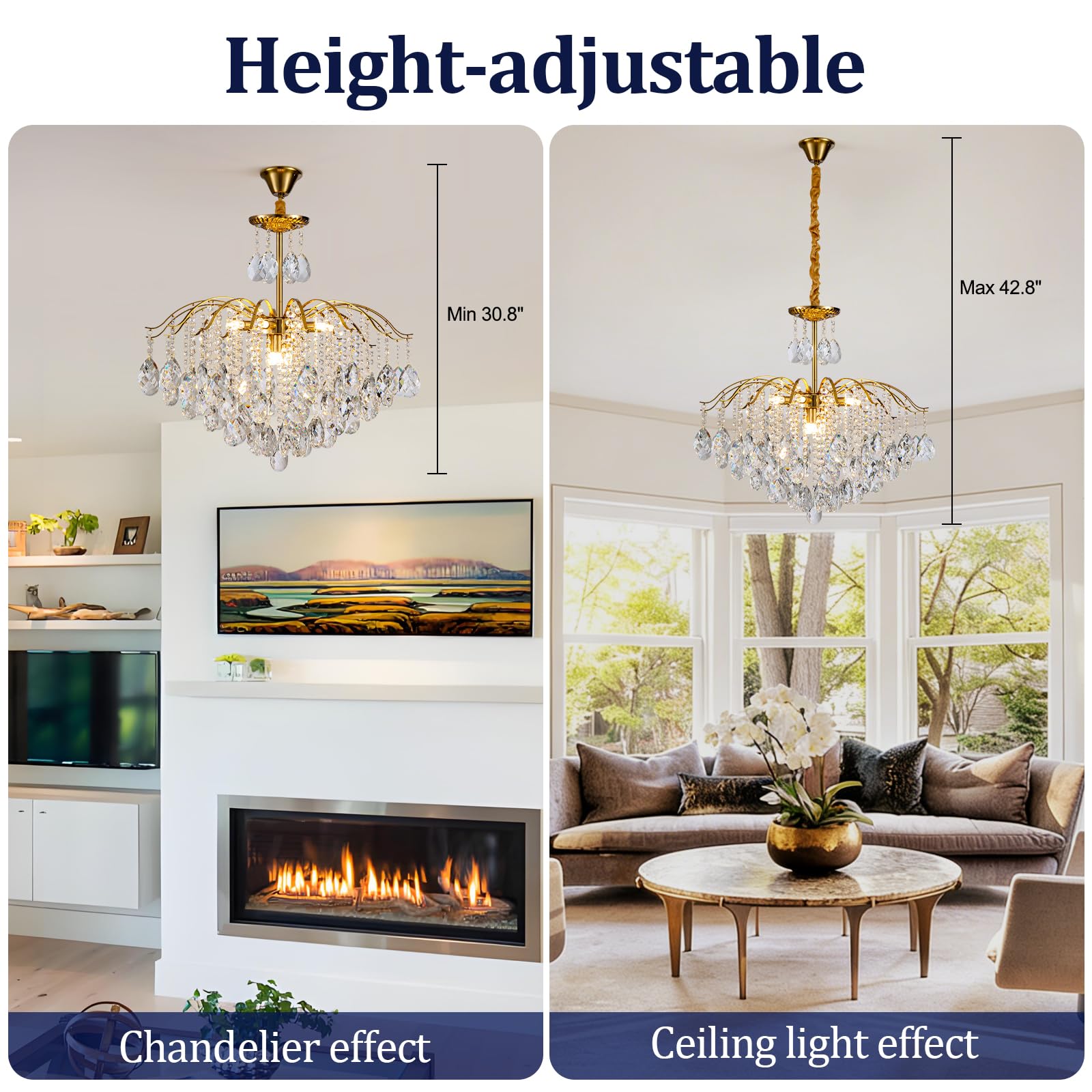 KKQiYuloom 12-Light Modern Gold Pendant Chandelier Crystal Middle Century Dining Room Raindrop Lighting Ceiling Light Fixture Lamp for Bath Room Bed Room Living Room Required D26inxH22.4in