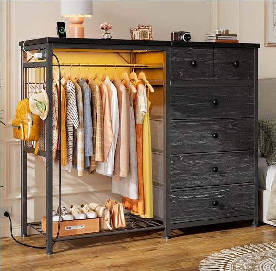 6-Drawer Dresser with Hanging Rack, LED Lights & Charging Station