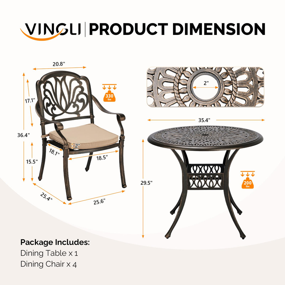 VINGLI 5-Piece Outdoor Patio Dining Set, Cast Aluminum All-Weather Outdoor Table and Chairs w/Cushion, Outdoor Furniture Set w/Umbrella Hole for Backyard Deck Poolside (Round, Elizabeth Back)