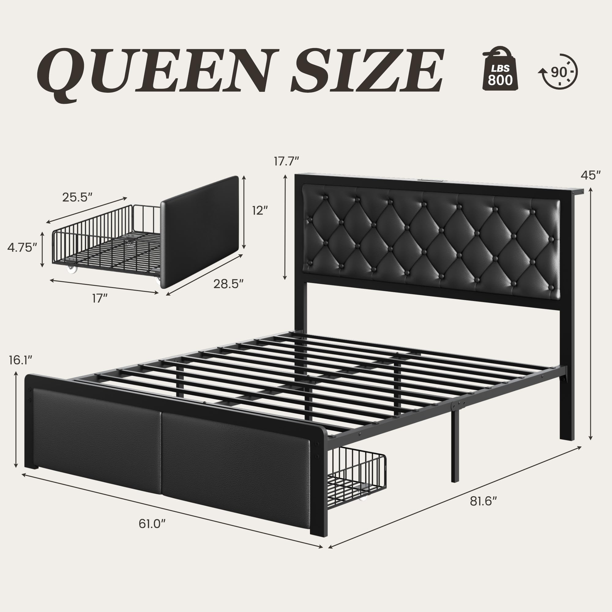 Queen Bed Frame with Storage Drawers & Charging Station