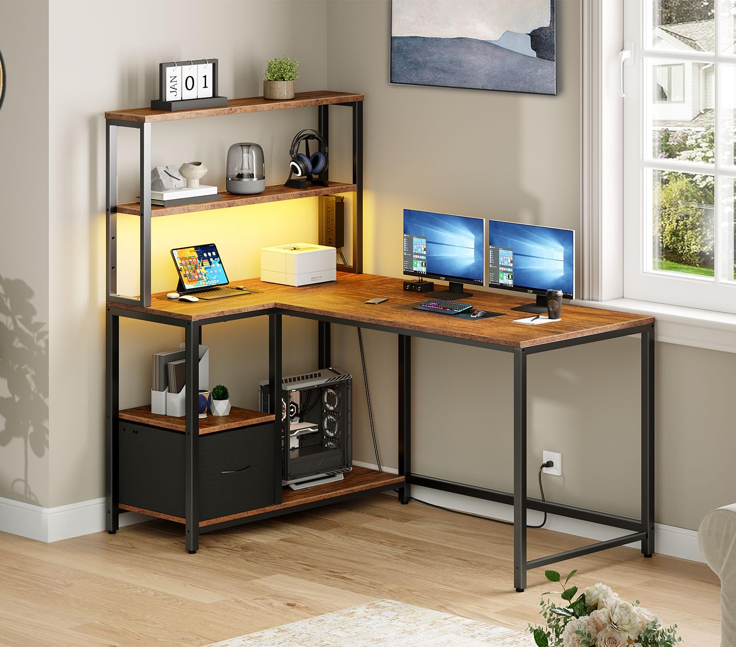 L-Shaped Desk with 4 Drawers, LED Lights & Power Outlet, 47 Inch
