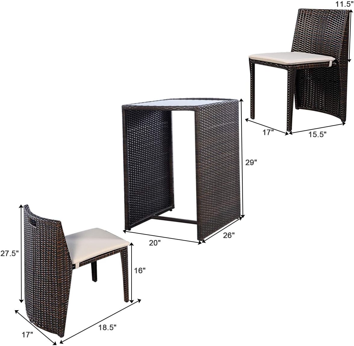 3-Piece Cushioned Wicker Patio Bistro Set