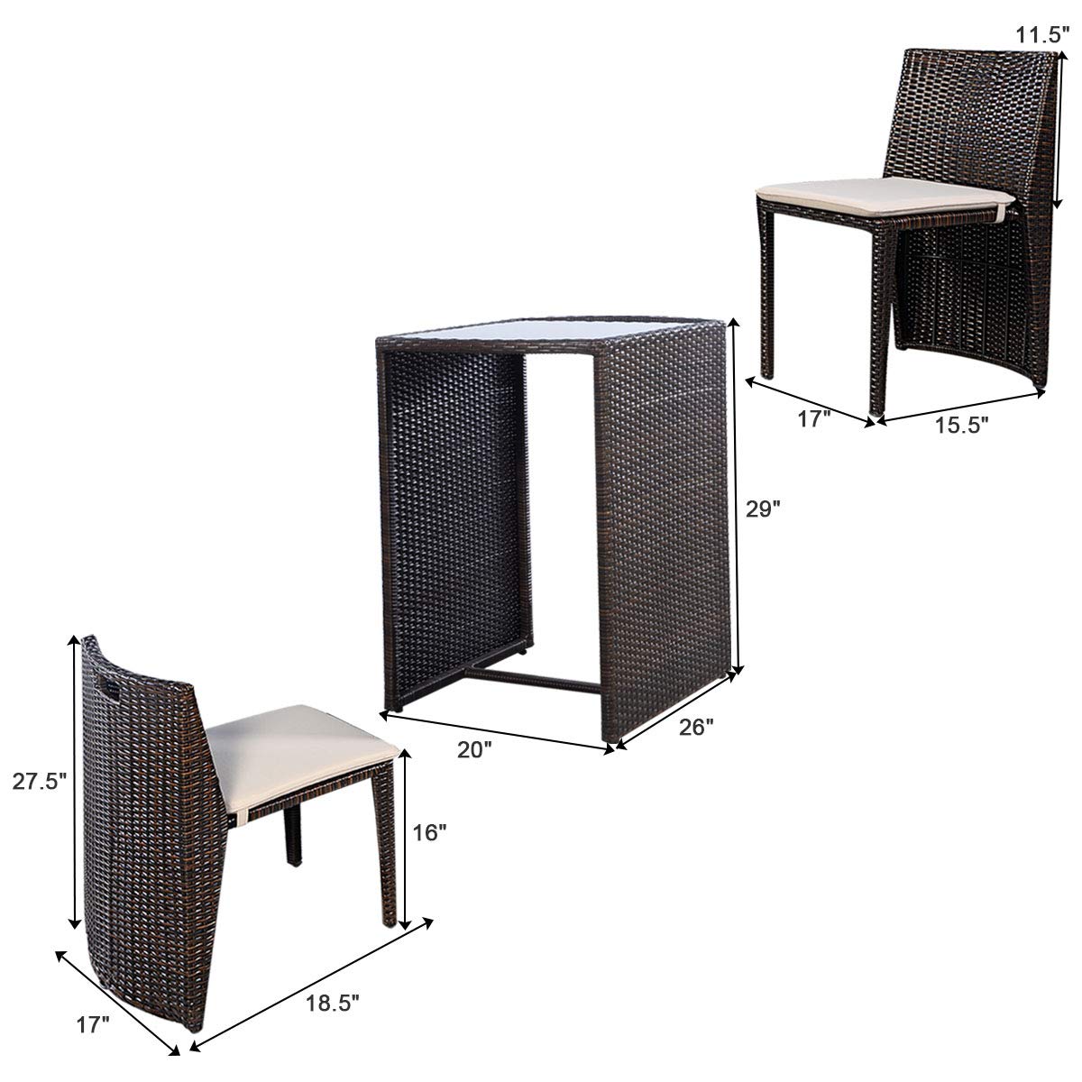 3-Piece Cushioned Wicker Patio Bistro Set