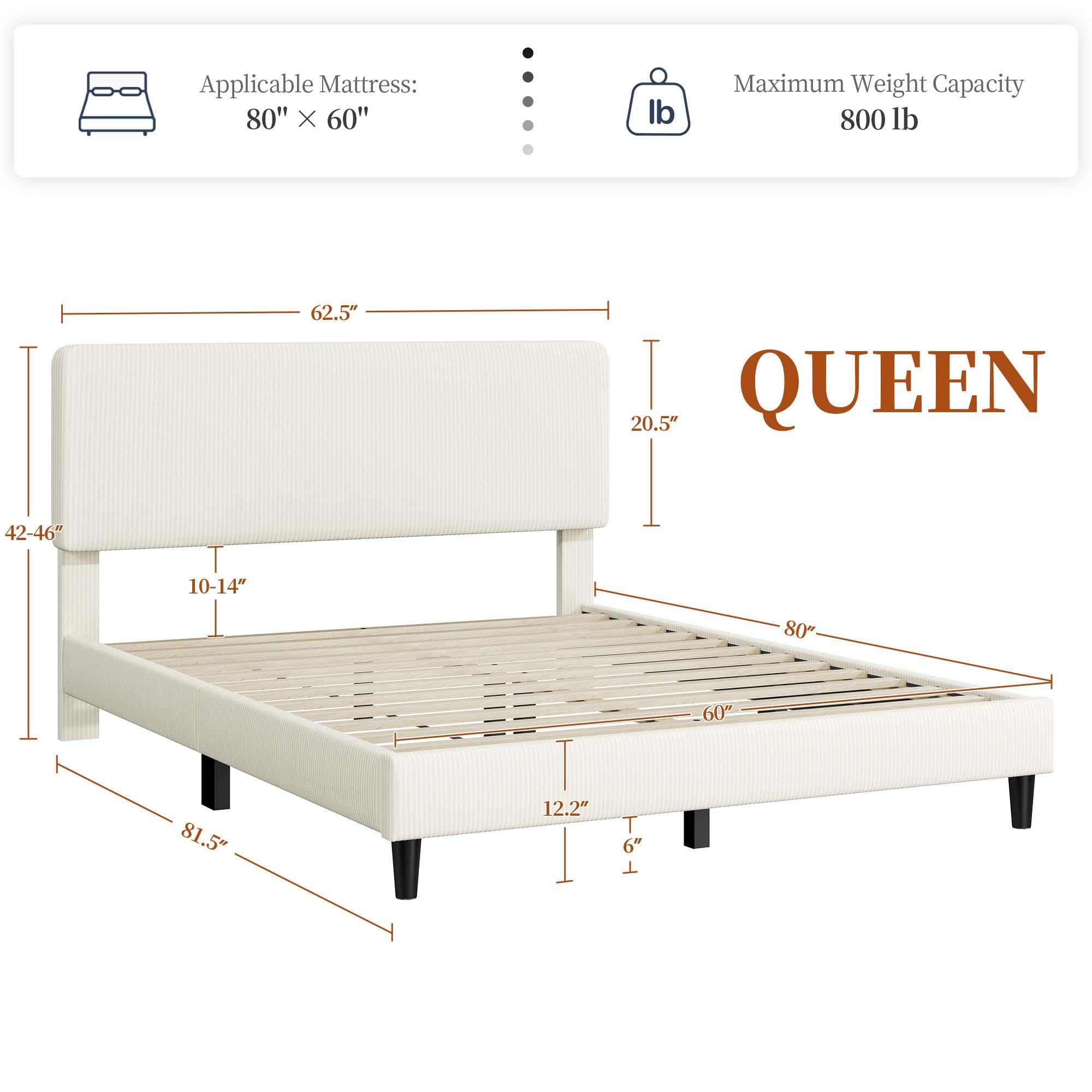 Upholstered Platform Bed Frame with Adjustable Headboard