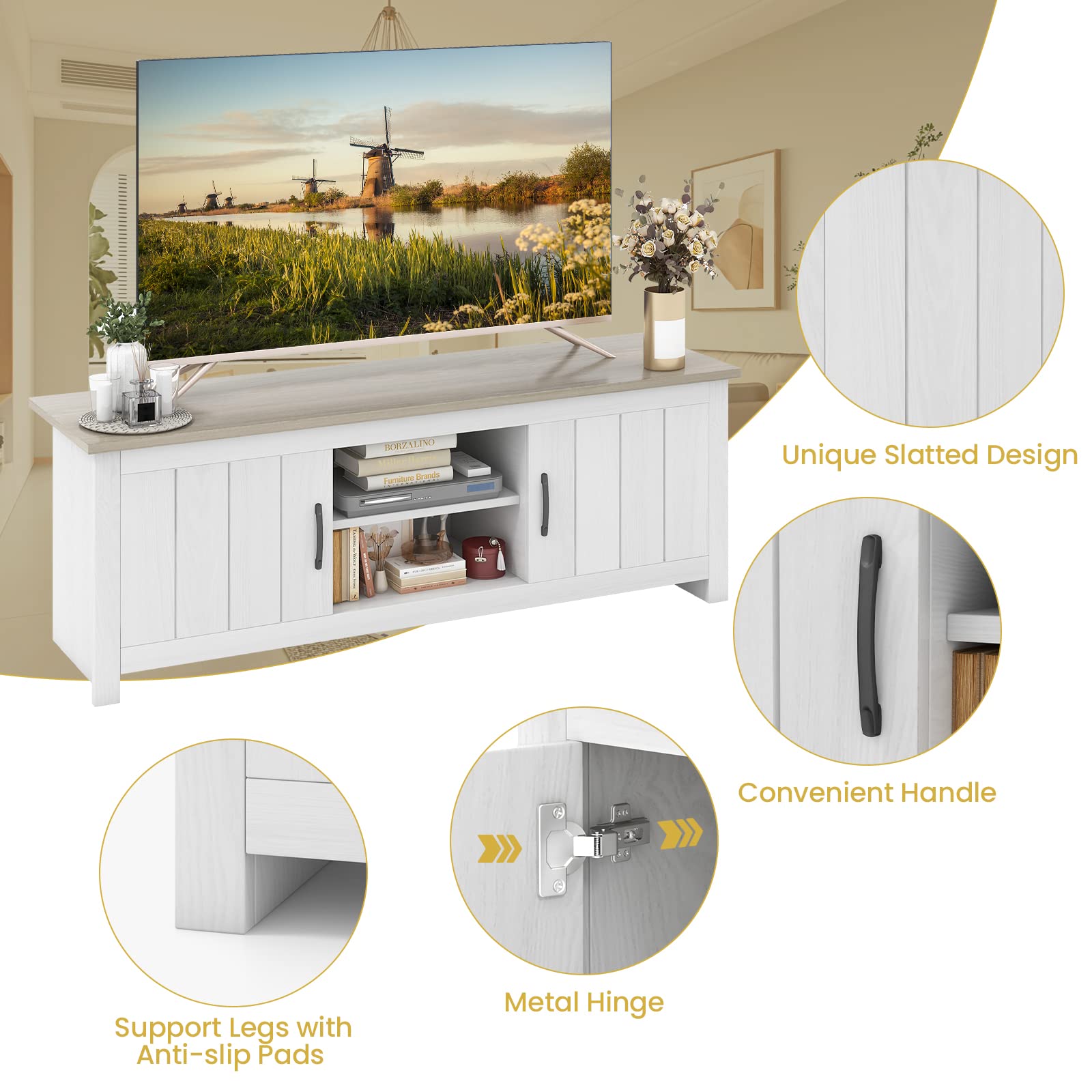 57" TV Stand with Cabinets & Open Shelves