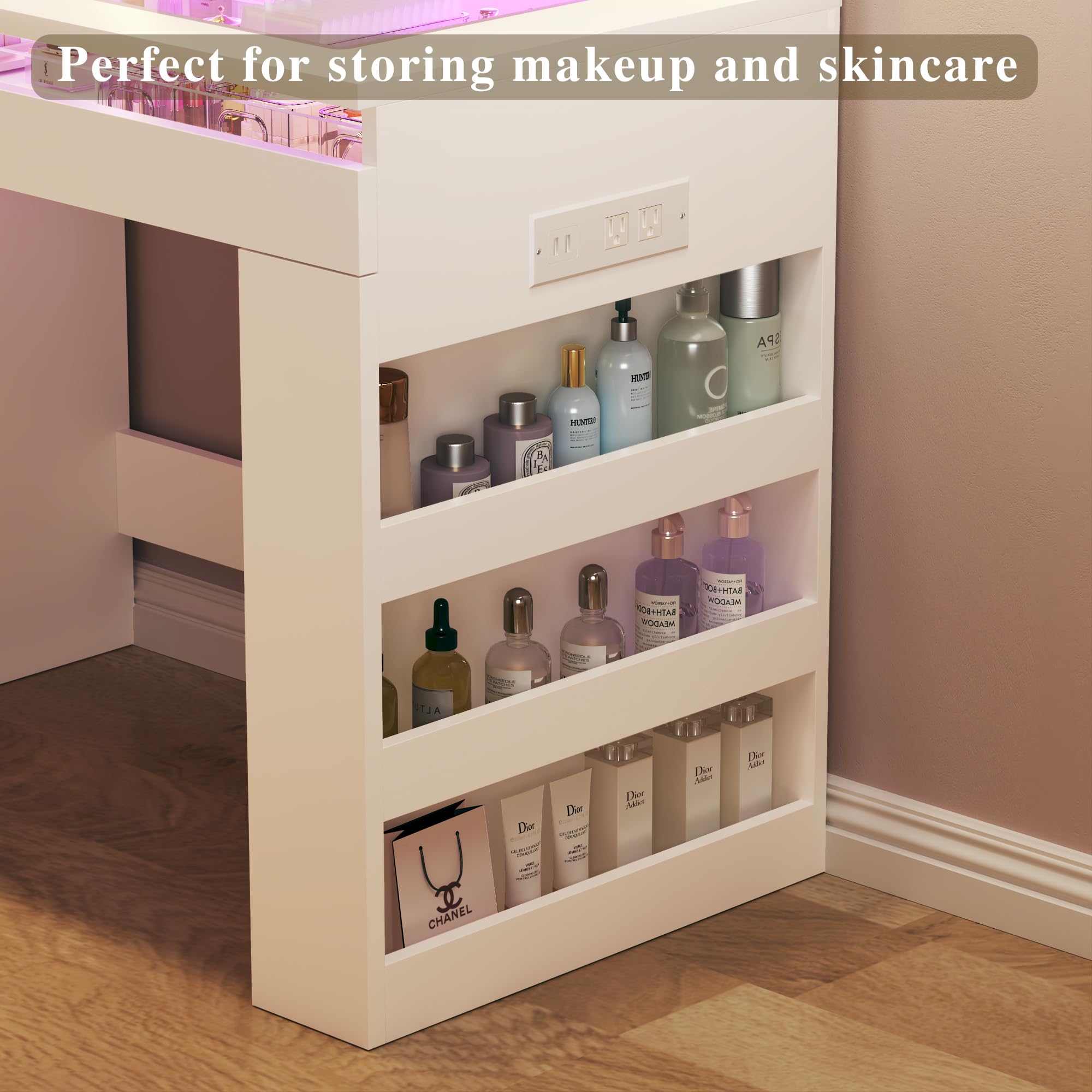 HUAHUU Vanity Desk with Lighted Mirror & Transparent Top, Makeup Vanity Desk with 4 Transparent Drawers and RGB Lighting, Built-in Power Outlet, 3-Tier Side Shelves & Storage Organizer for Bedroom