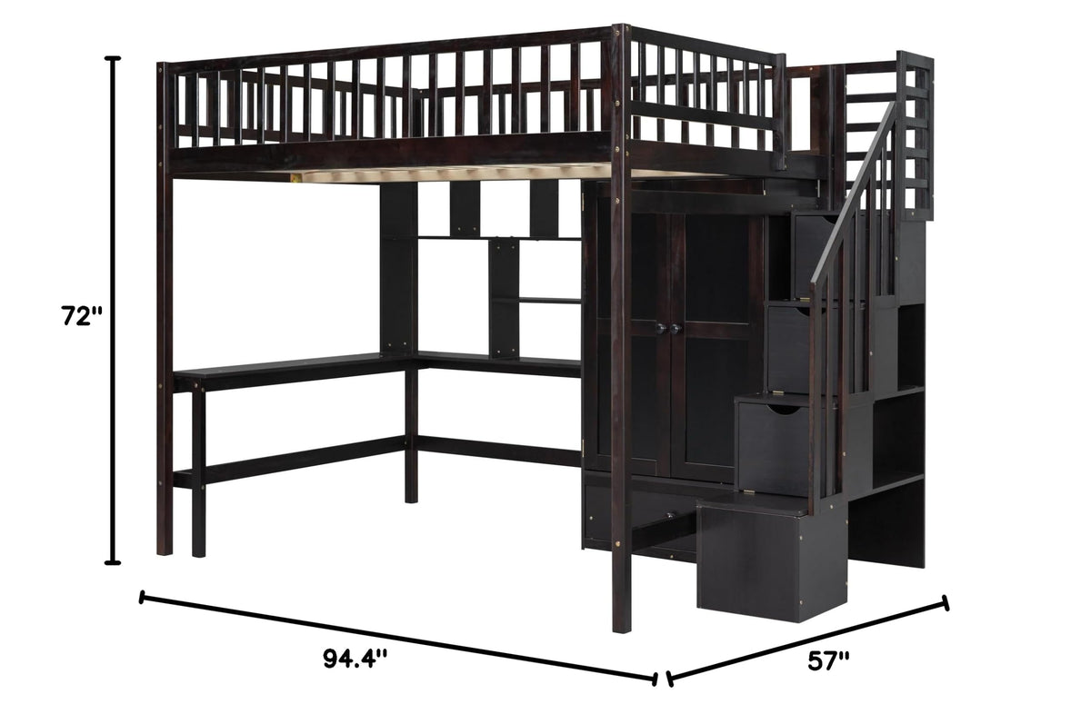 Full Size Loft Beds Stairway Loft Bed Frame with Wardrobe, Desk, Bookcase and Drawers, Espresso