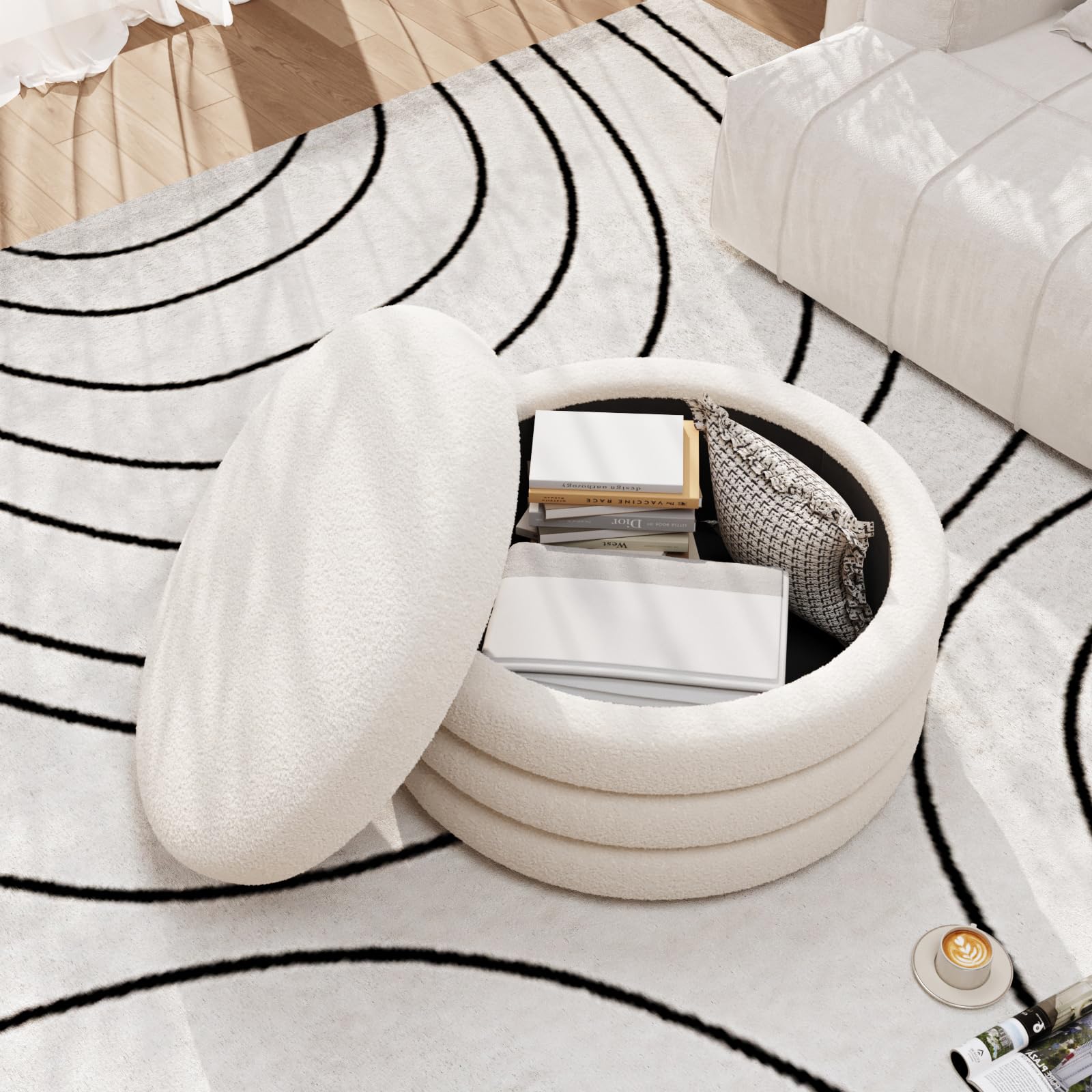 Round Sherpa Storage Ottoman with Tray