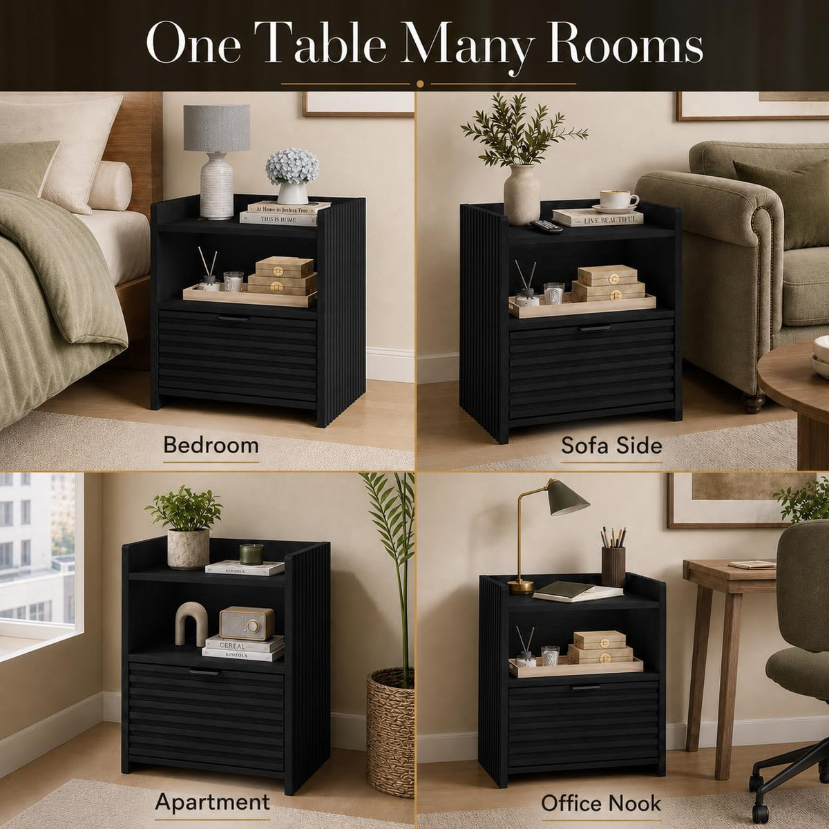 Black Fluted Nightstand with Drawer