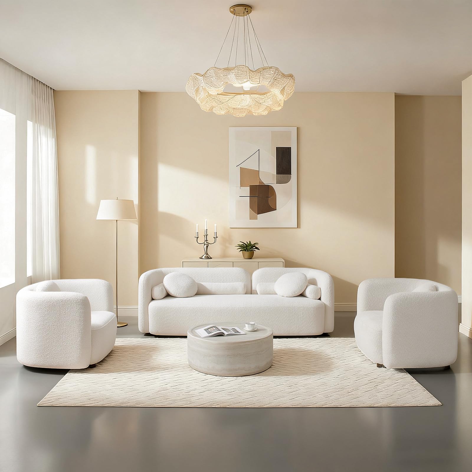 SSC SATISUNCASA White Sofa Couches Set of 3 Living Room Modern Integral Sofas Furniture 3 Seater Curved Back Sofa + 2 Single Chair Boucle Fabric Solid Wood Frame with 6 Pillows Rectangular Couch