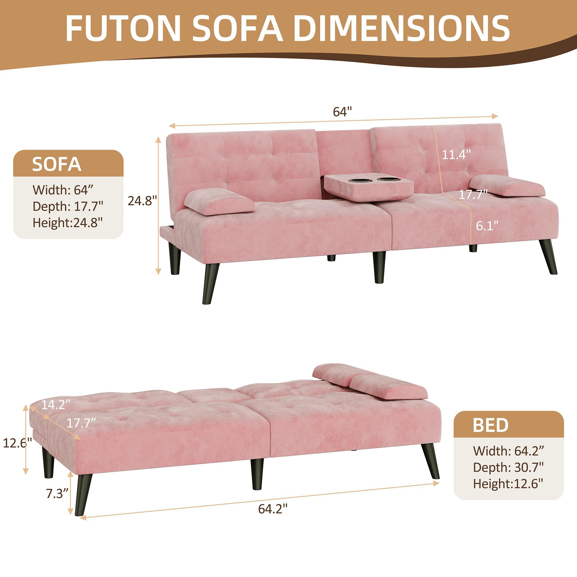 Velvet Futon Sofa Bed with Removable Armrests – Pink