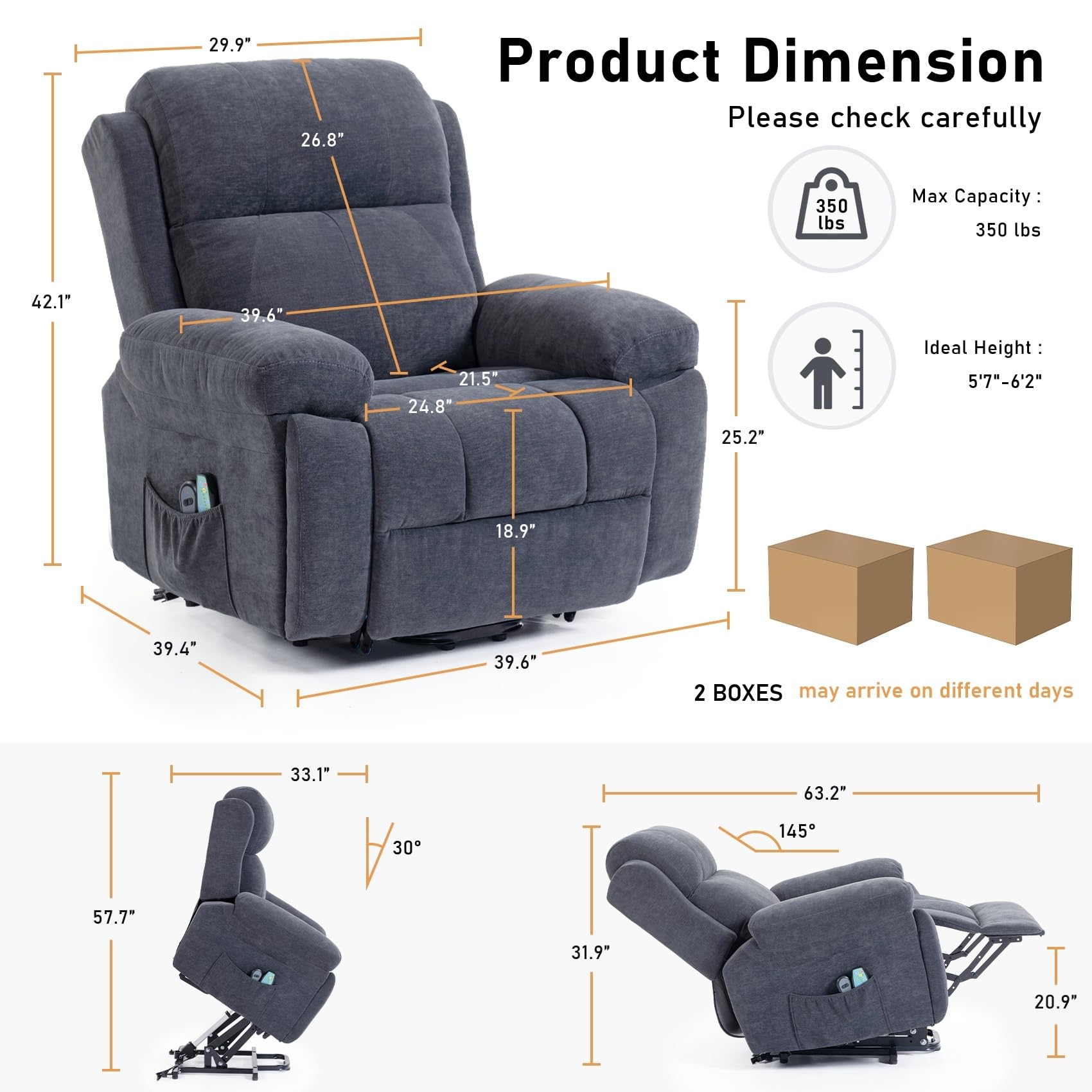 DYHOME Power Lift Recliner Chair for Elderly with Vibration Massage and Lumbar Heating, Electric Lift Recliner Single Sofa with Side Pocket, Two Hidden Cup Holders for Living Room