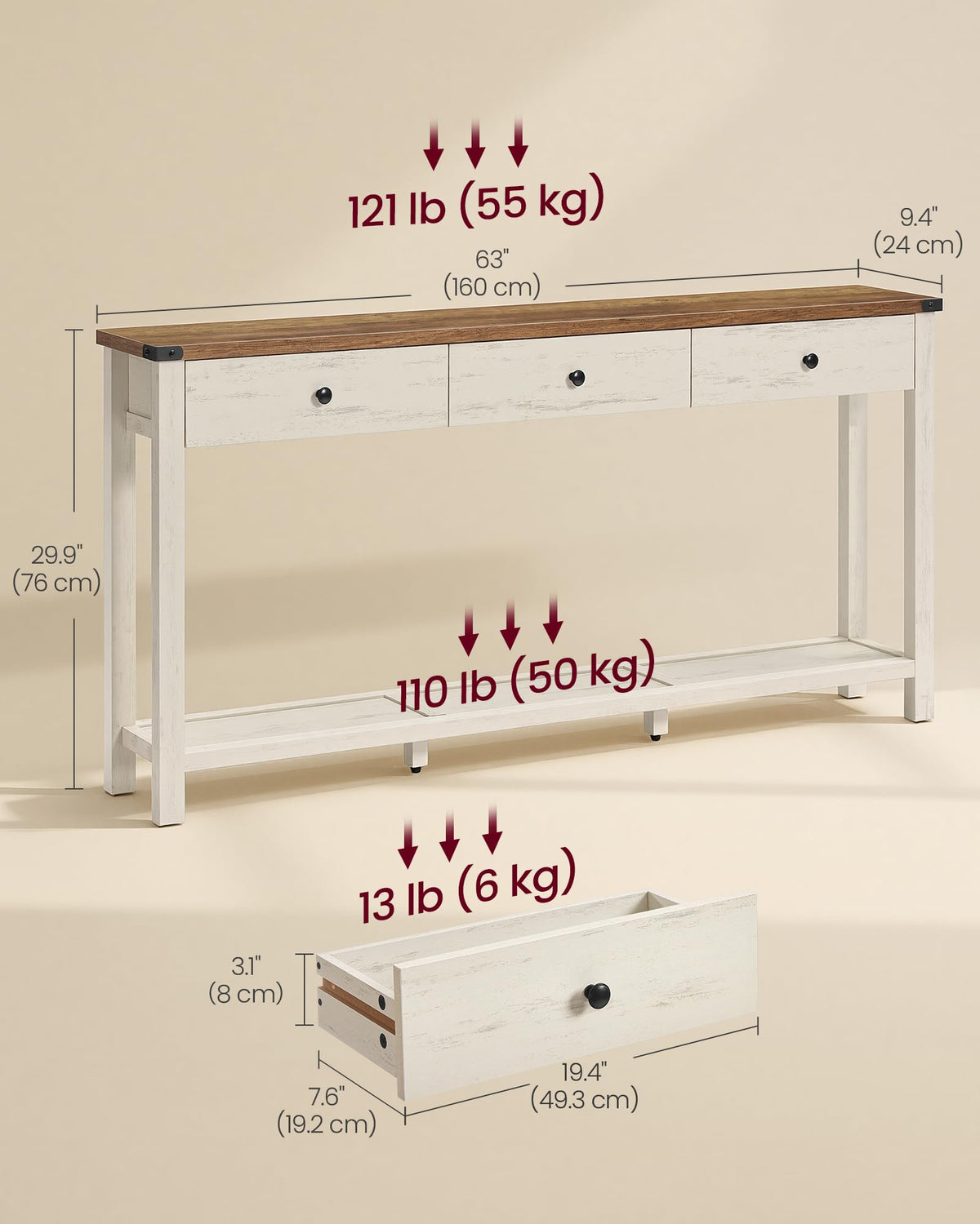 VASAGLE 63 Inche Narrow Console Table with 3 Drawers and Open Storage Shelf