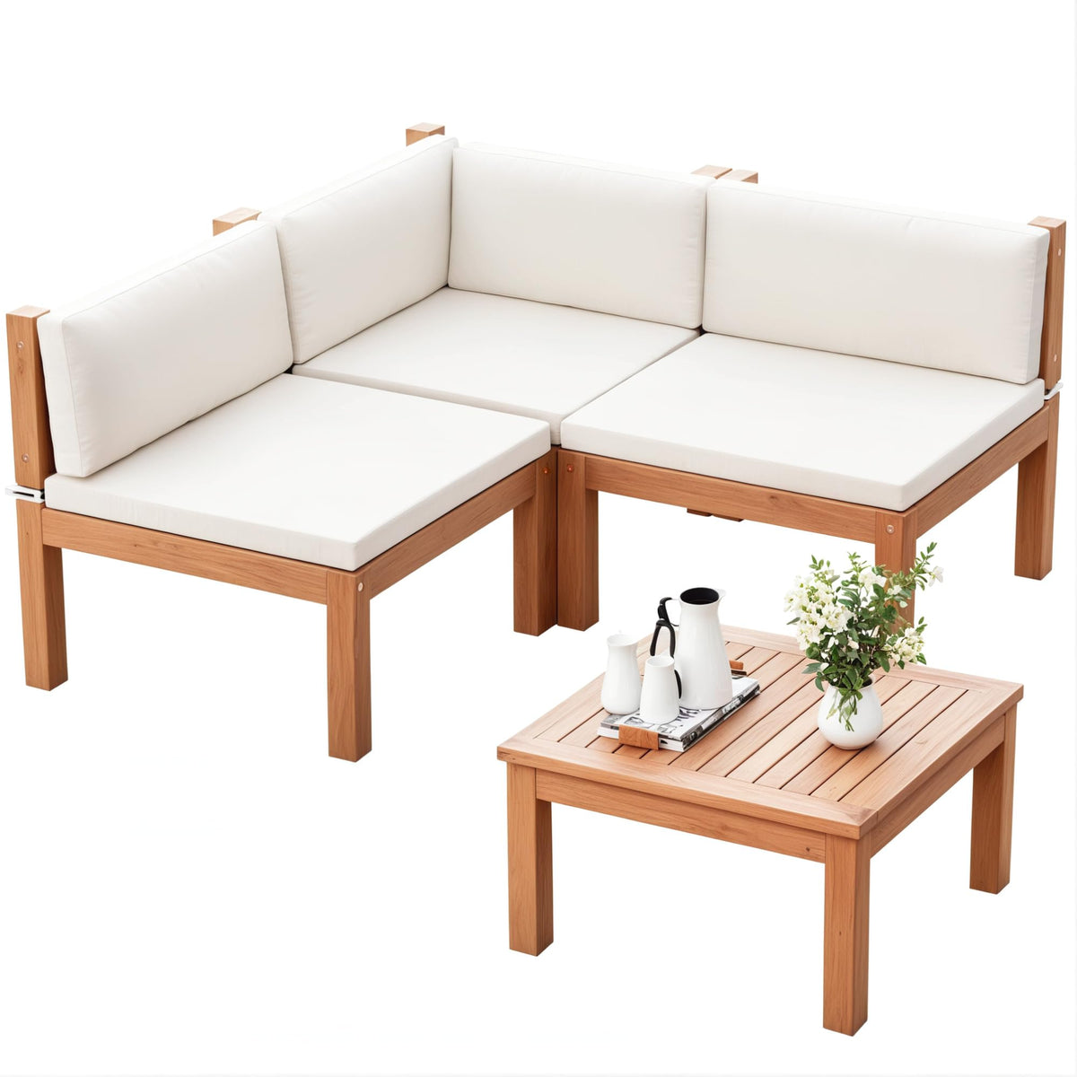 Devoko 4 Pcs Acacia Wood Small Patio Sectional Coach Sofa 54'' L x 54''W