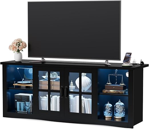 58" TV Stand with LED Lights, Glass Doors & USB Charging