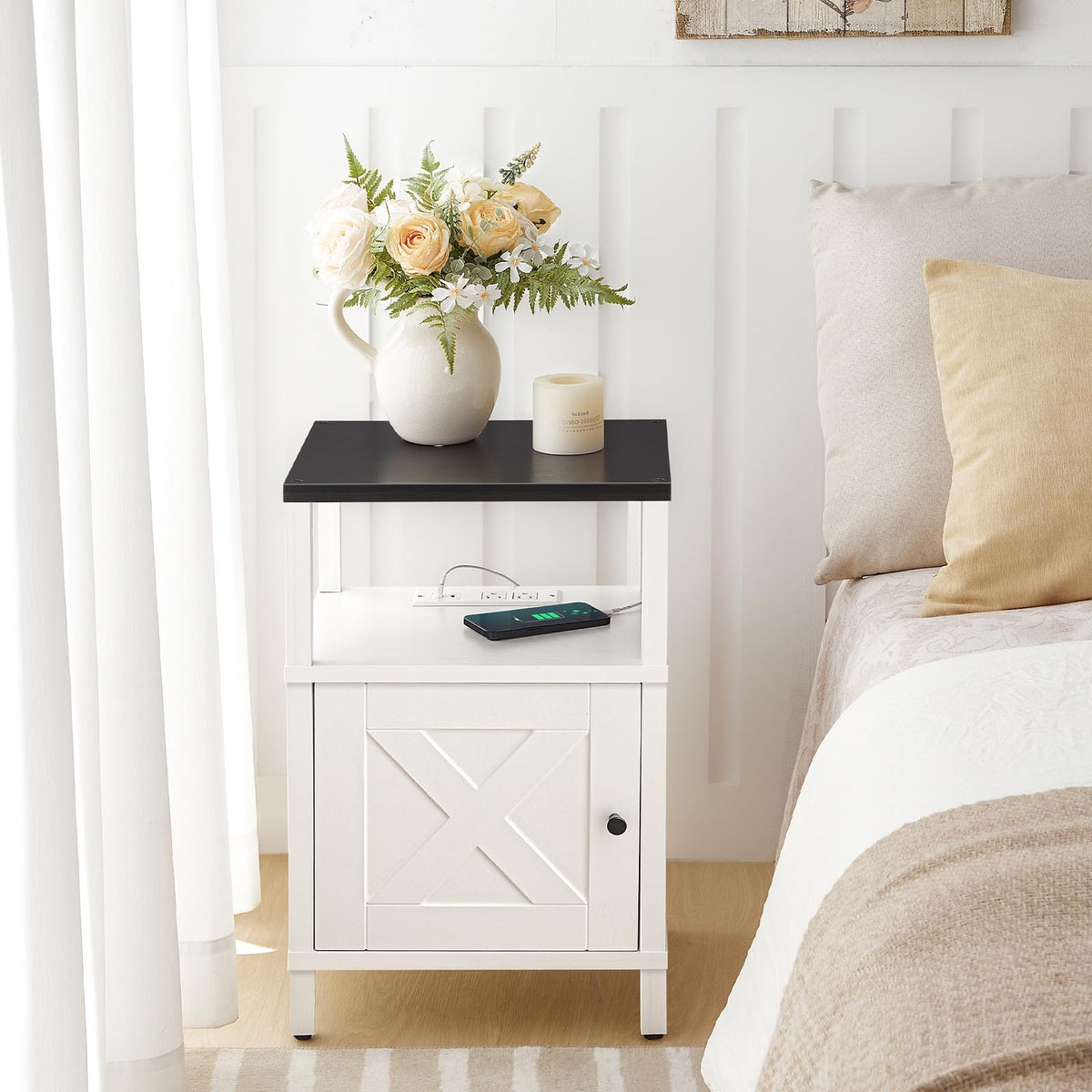 MAHANCRIS Set of 2 Farmhouse Nightstand with Charging Station, Night Stand End Table with USB Ports, Barn Door Bedside Table with Storage Cabinet, Modern Side Table for Bedroom, Small Space, Black
