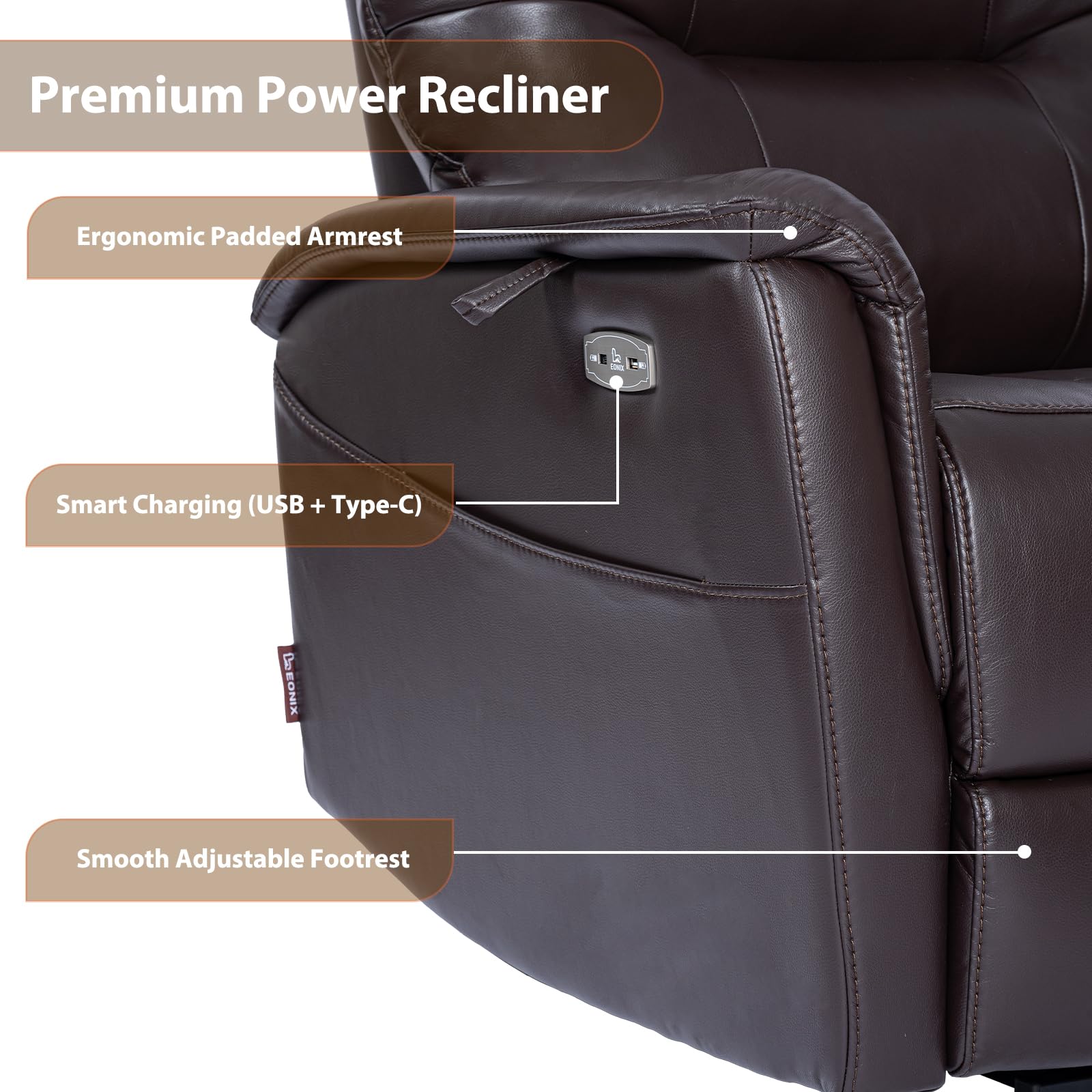 EONIX Wall Hugger Power Lift Recliner Chair for Elderly, Dual Motor Zero Clearance Power Lift Chair for Small Spaces, Electric Lumbar Support with Heat & Massage, Breathable Leather, Dark Brown