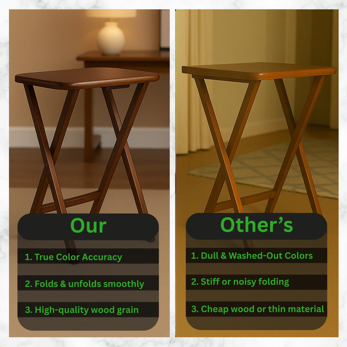 Oakestry Walnut 5-Piece Folding TV Snack Tray Tables Set 1 Stand Plus 4 Tables 22.83 in W x 25.79 in H x 15.67 in D Compact Storage Rack Solid Wood Construction Brown Walnut