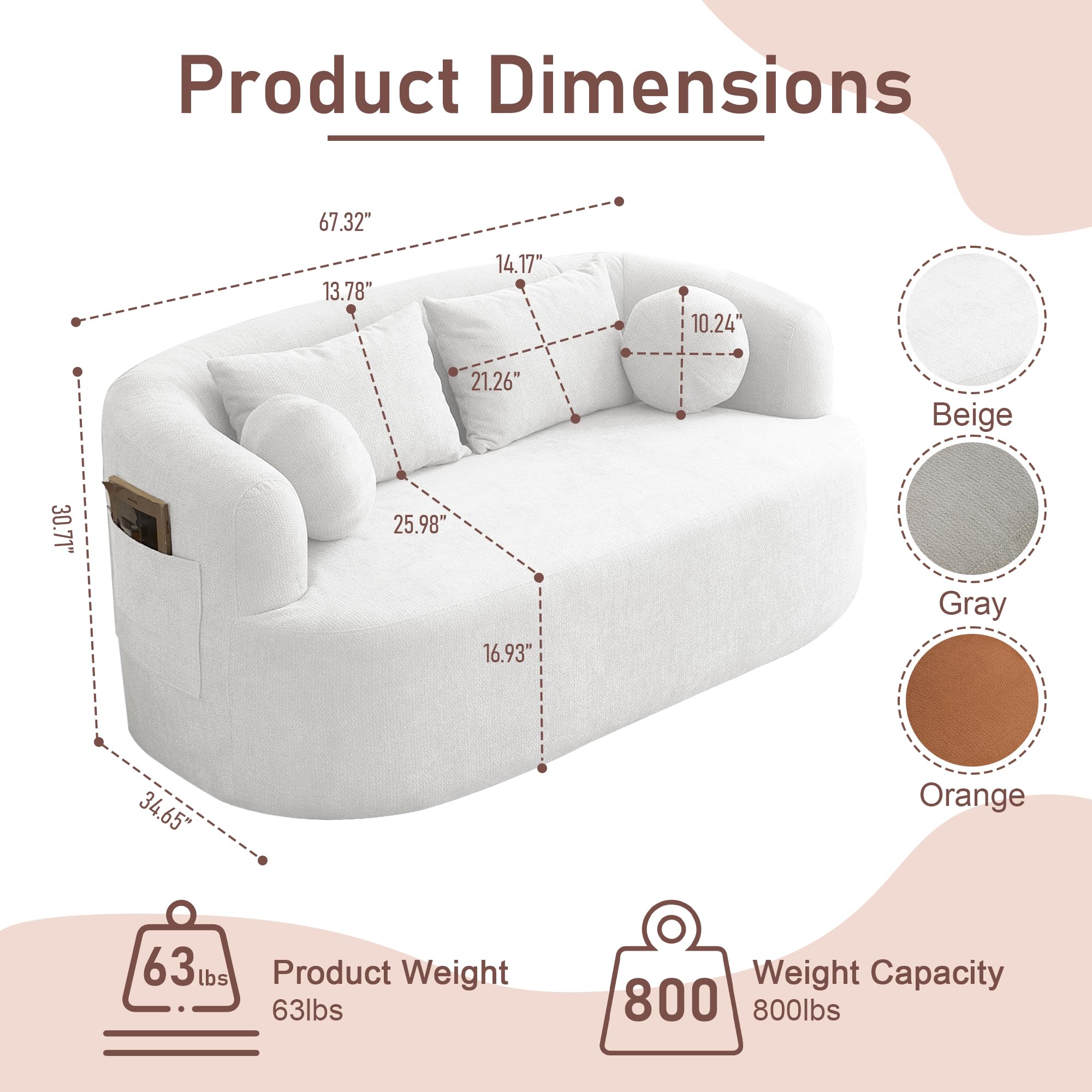 FASADI Loveseat Sofa for Small Space, 67.3" Boneless Love Seat Sofa with Side Pocket & 4 Pillows, Foam and Spring Filling, Soft Chenille for Living Room, Apartment, Bedroom, No Assembly