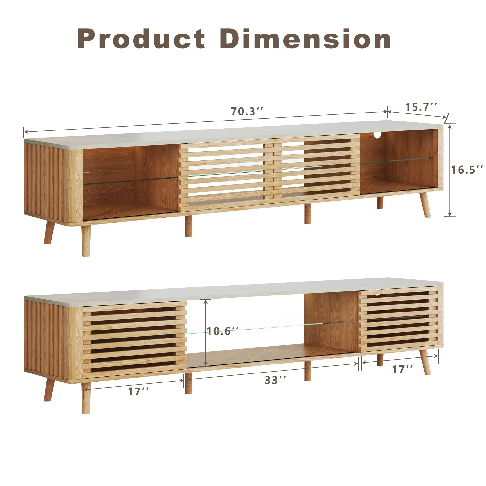 HUAHUU 70" TV Stand for 55/65/75 Inch TV, Faux Marble Top Entertainment Center with Slatied Sliding Door & LED Lights, Mid Century Modern Style, Low TV Console with Glass Shelves for Bedroom
