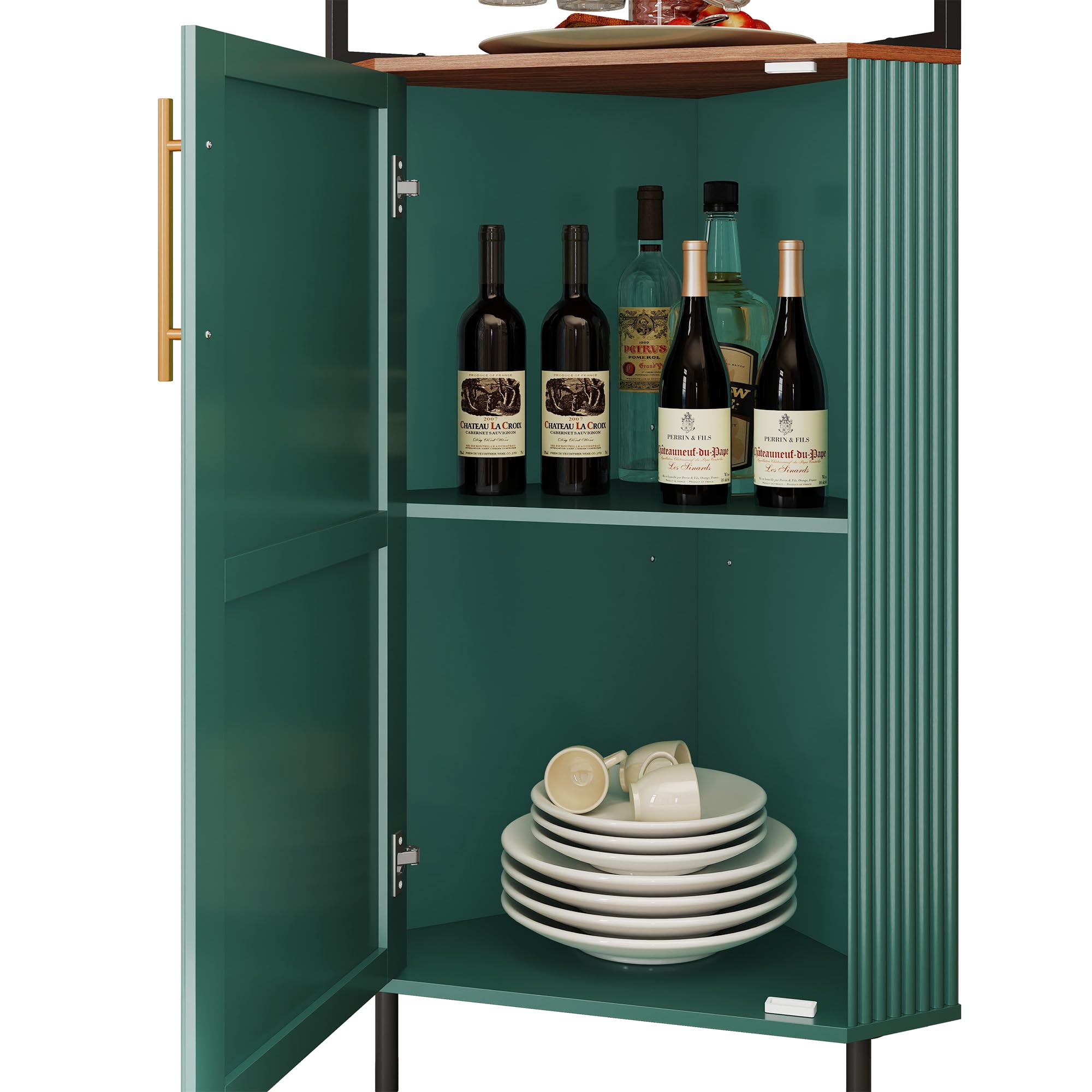 ARTPOWER Corner Bar Cabinet with LED Strip, 4-Tiers Modern Corner Coffee Bar with Glass Holder, Fluted Tall Liquor Cabinet for Kitchen, Dining Room, Living Room, Green